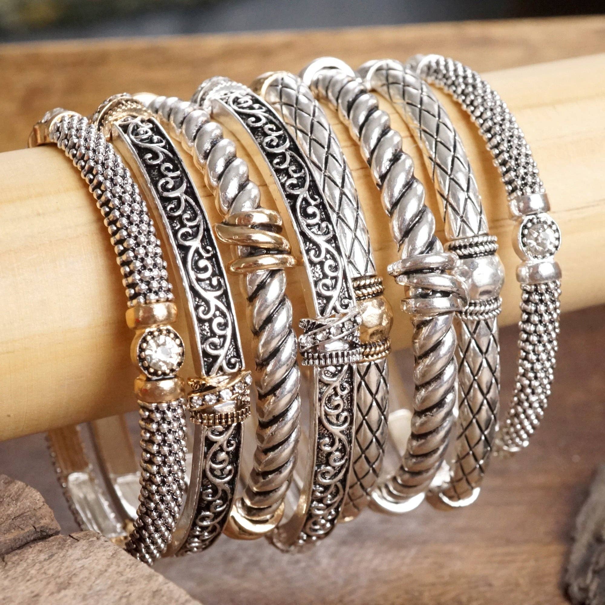 Timeless Layering Textured Bangles:Criss Cross - Silver