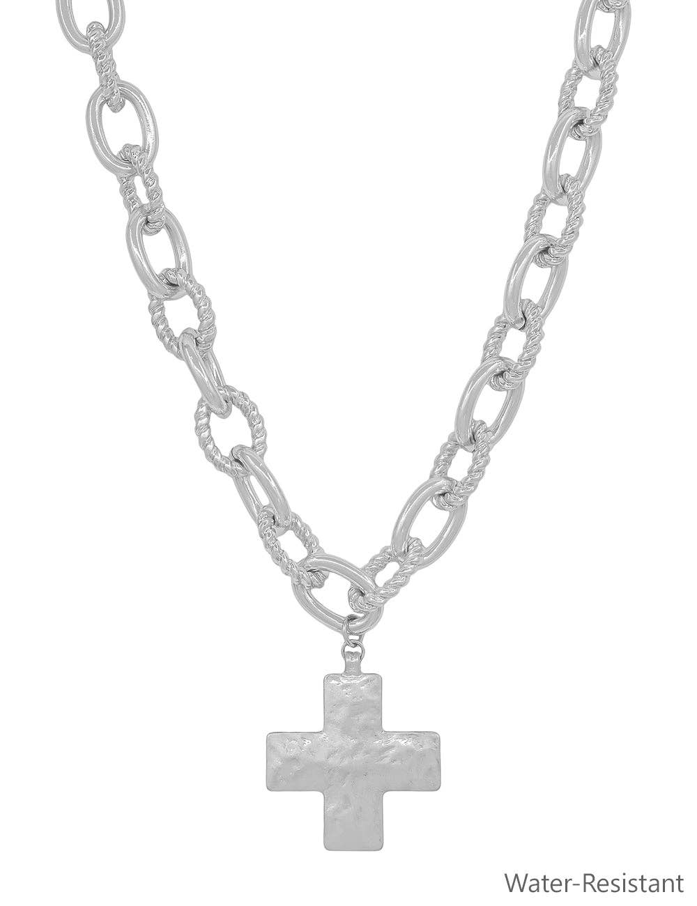 Chunky Silver Chain w/ Hammered Cross Necklace