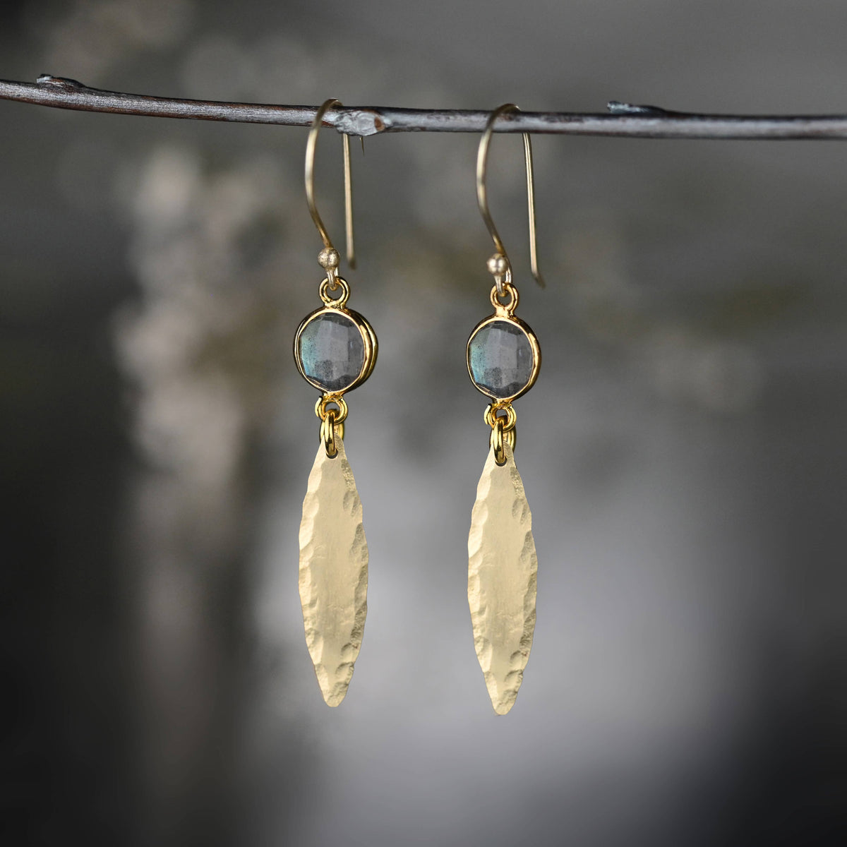 Brass Hammered Marquise w/ Semi Precious Earrings: Labradorite (Blue) | KBD Studio - view 4