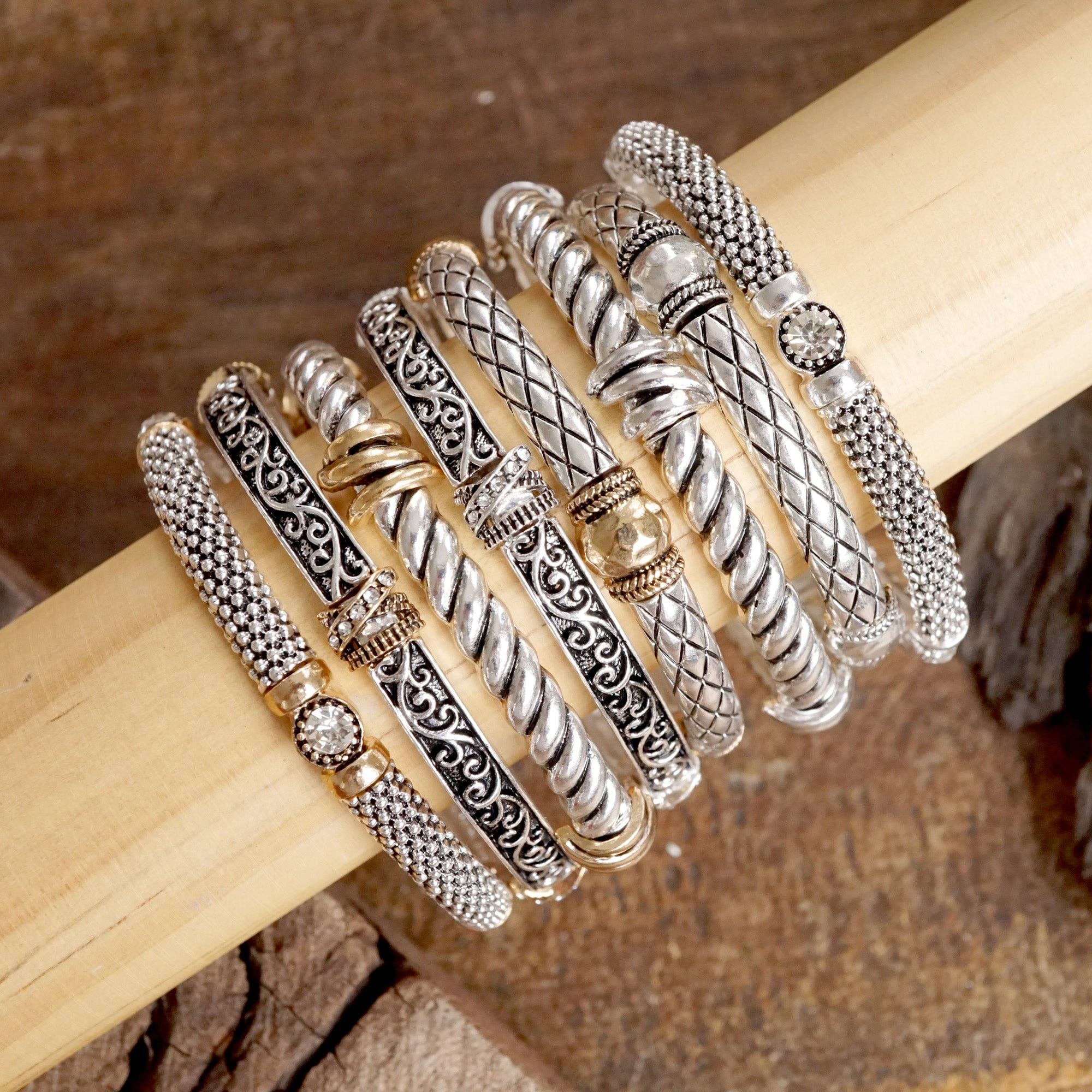 Timeless Layering Textured Bangles:Criss Cross - Silver