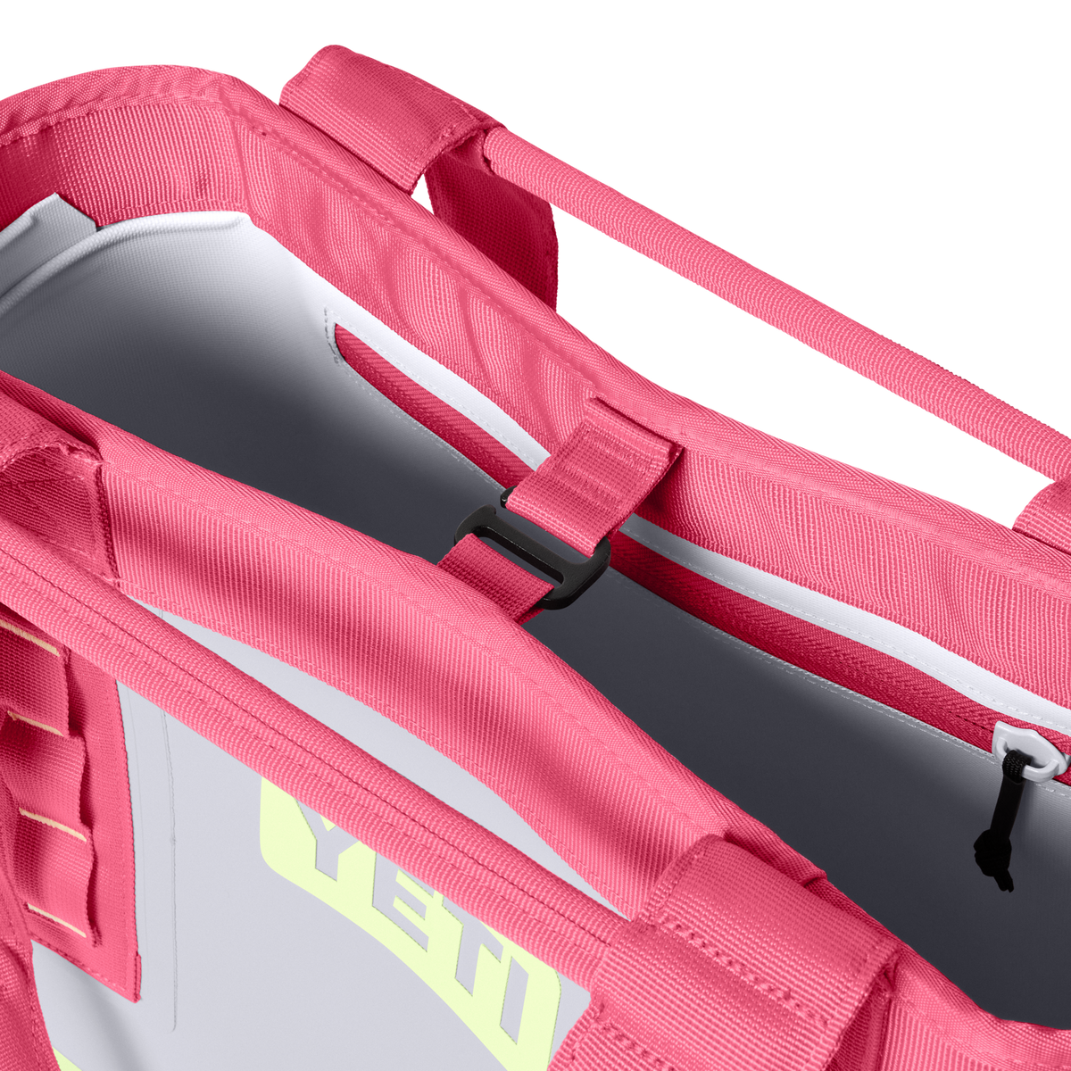 YETI Camino Carryall 20 Mist/Tropical Pink/Grasshopper hook closure detail