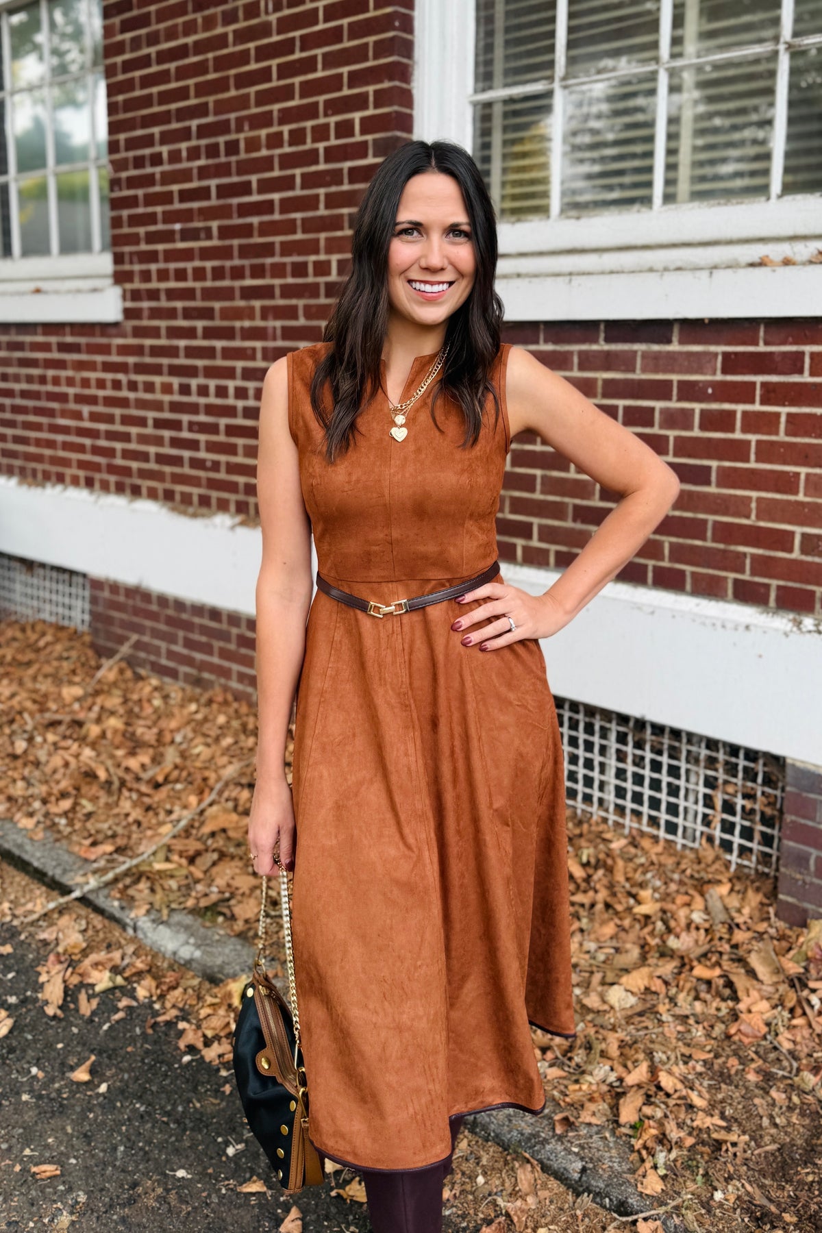 Faux Suede Belted Midi Dress