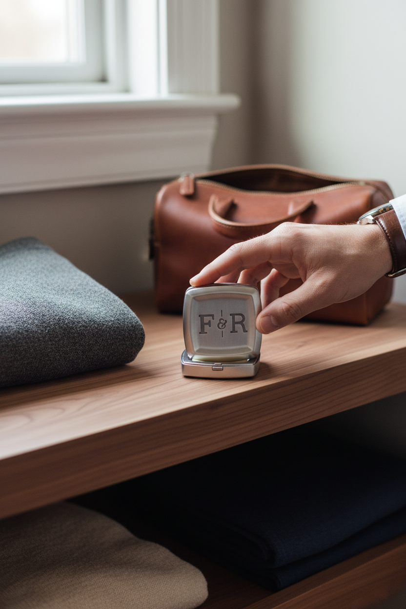 Fulton & Roark 226 Club solid cologne on a cedar shelf with a leather dopp kit, a cedar, vetiver and clary sage fragrance for the office, travel and everyday wear