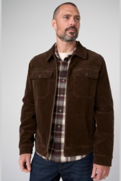 Liverpool 2 way zip jacket in Brown corduroy with front pockets, a versatile men's layering piece for changing fall weather, easy to wear to work, on weekend errands or to dinner with jeans or chinos