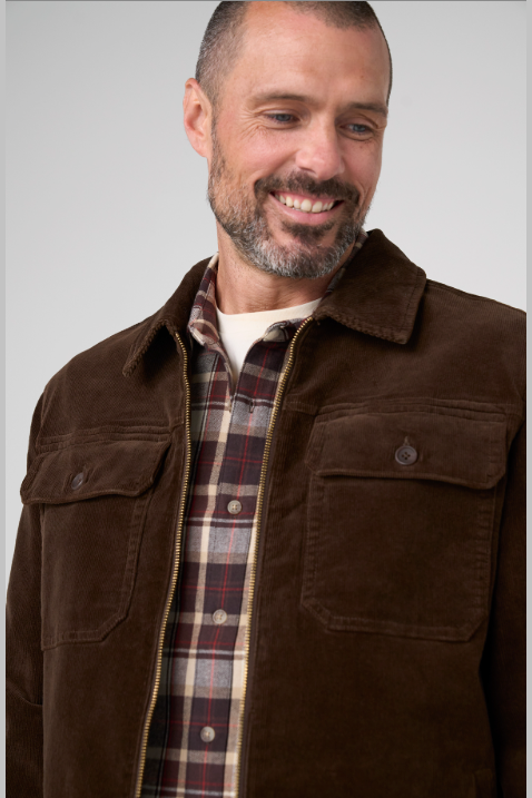 Liverpool 2 way zip jacket in Brown corduroy with front pockets, a versatile men's layering piece for changing fall weather, easy to wear to work, on weekend errands or to dinner with jeans or chinos