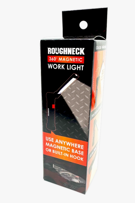 Roughneck 360 adjustable magnetic work light with a rechargeable battery and wide LED beam, a practical gift for DIYers and tradesmen to light up the job site, garage, engine bay or campsite hands-free