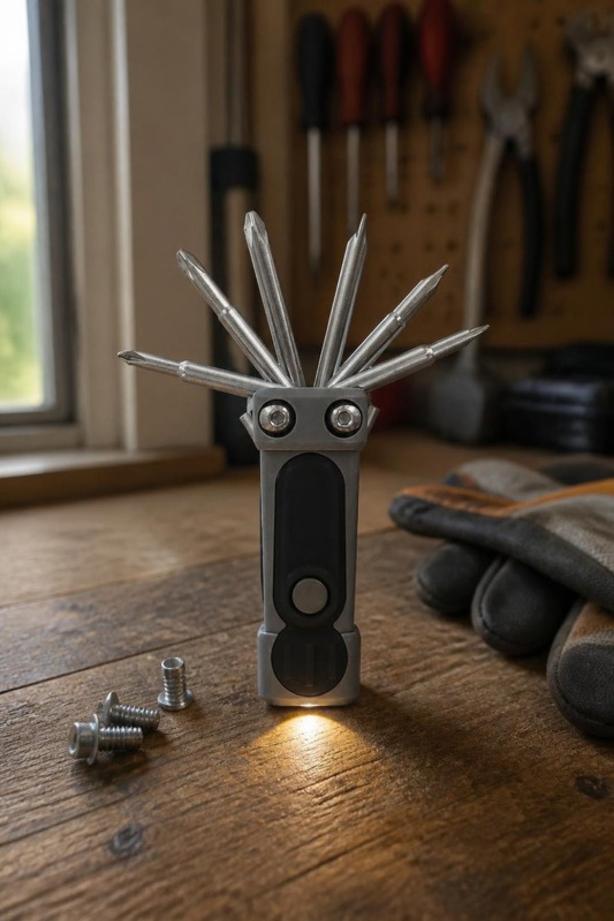 Roughneck 8 in 1 pocket multi tool with its built-in flashlight on, ready on the garage workbench for tightening loose screws, quick repairs around the house and projects in the shop, a great gift for the DIYer who likes to have a tool within reach