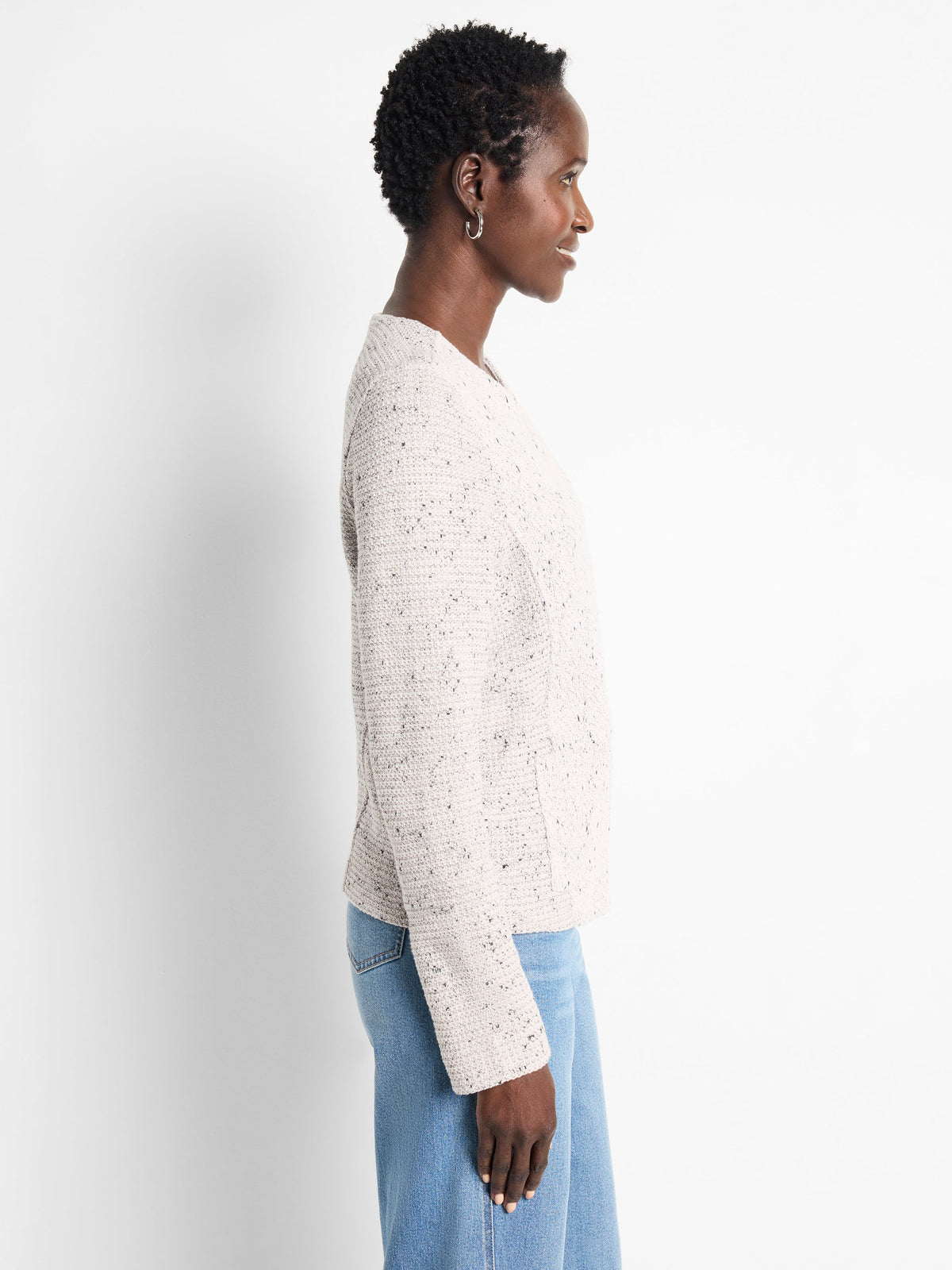 Weave Mix Knit Zip Jacket in Sugar Cookie side view