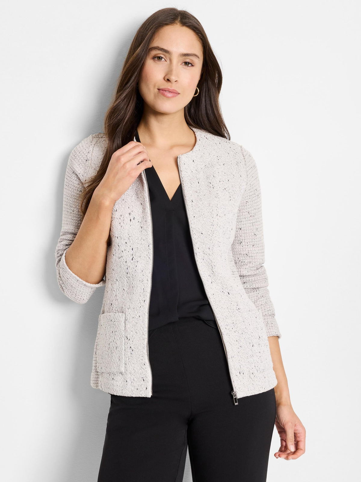 Nic + Zoe Weave Mix Knit Zip Jacket in Sugar Cookie