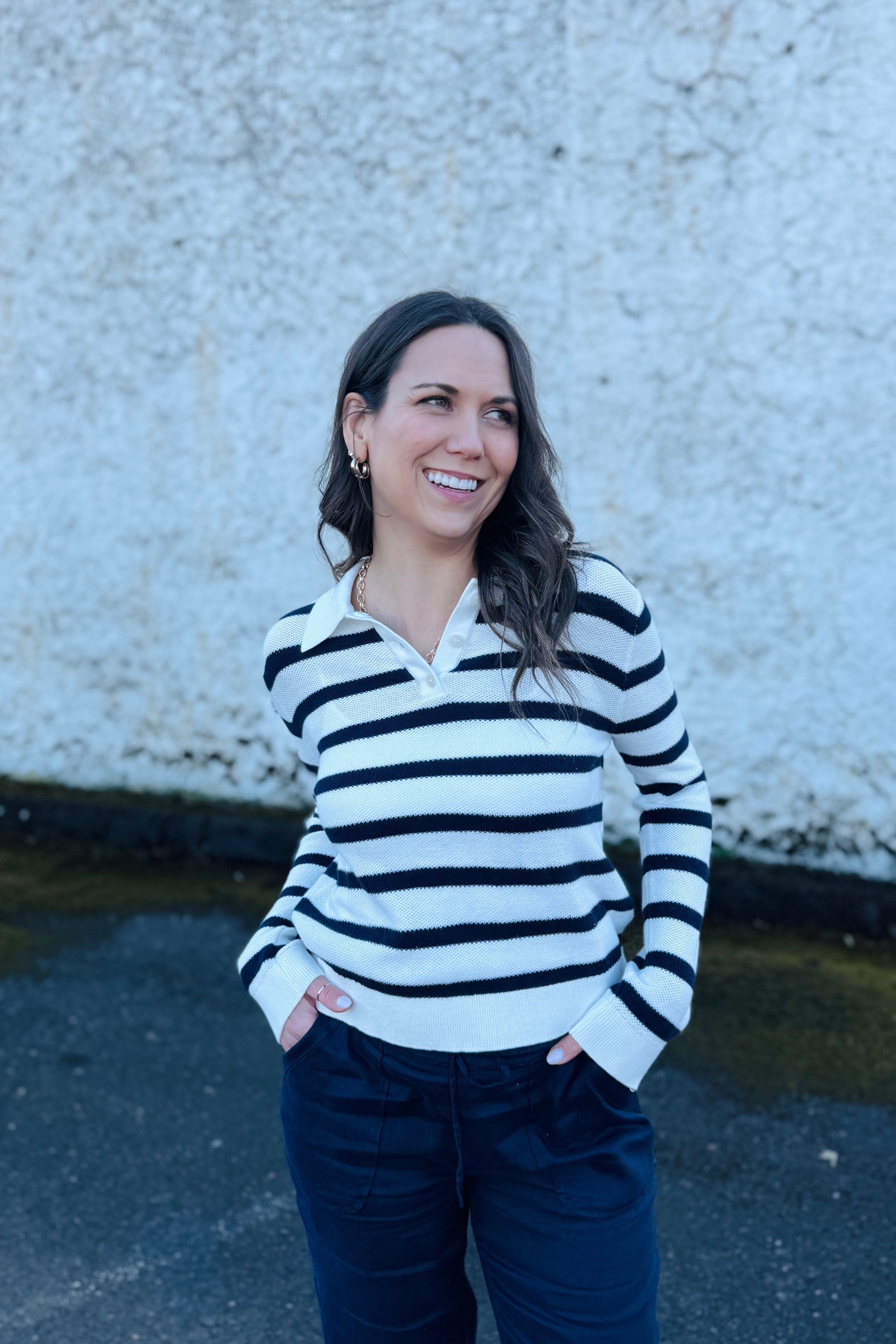 A total beach vibe and I envision this on a girls beach trip. I love the coastal look with the navy and white stripes and an elevated collar on top. The material is amazing and lightweight, perfect for packing.