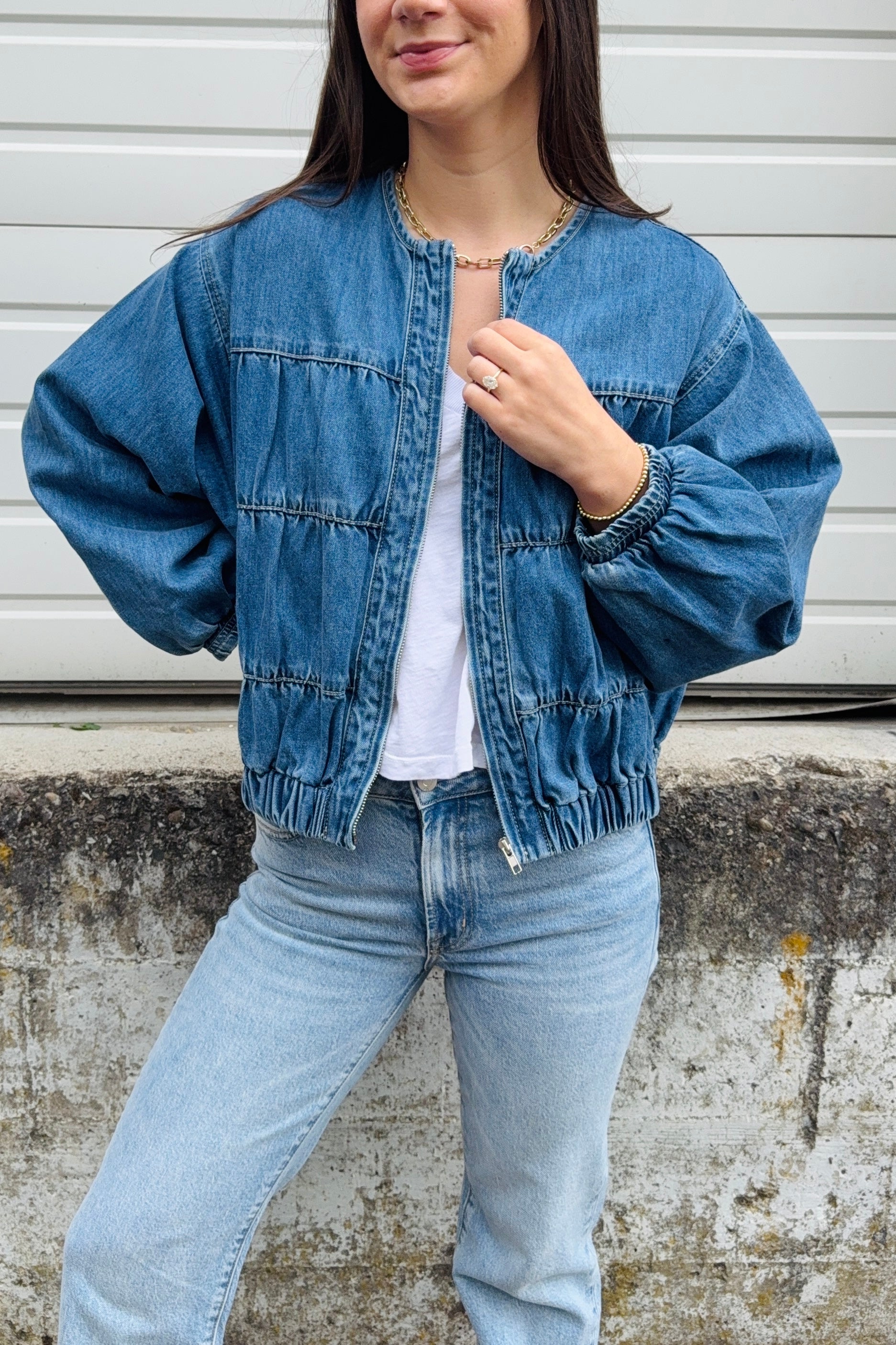 Collarless Denim Bomber