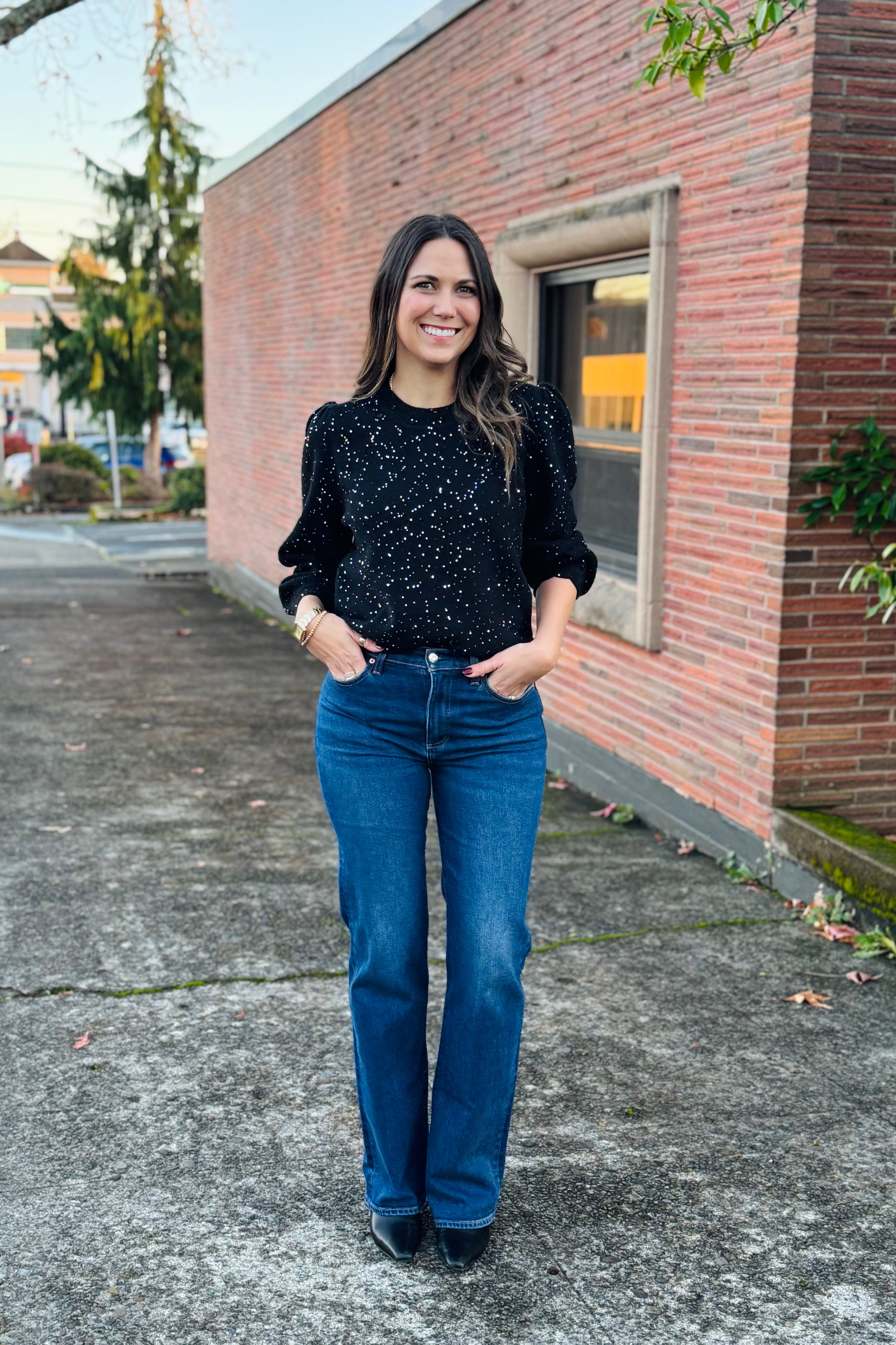 The Deanna Femme Sleeve Sweater delivers effortless sophistication with its luxuriously soft construction and eye-catching design. Featuring a classic round neckline and dramatic 3/4 puff sleeves. All-over sequin detailing adds just the right touch of glamour, making it versatile enough to elevate casual denim or complement your favorite party ensemble. The Deanna offers the perfect blend of coziness and refined elegance for any occasion.