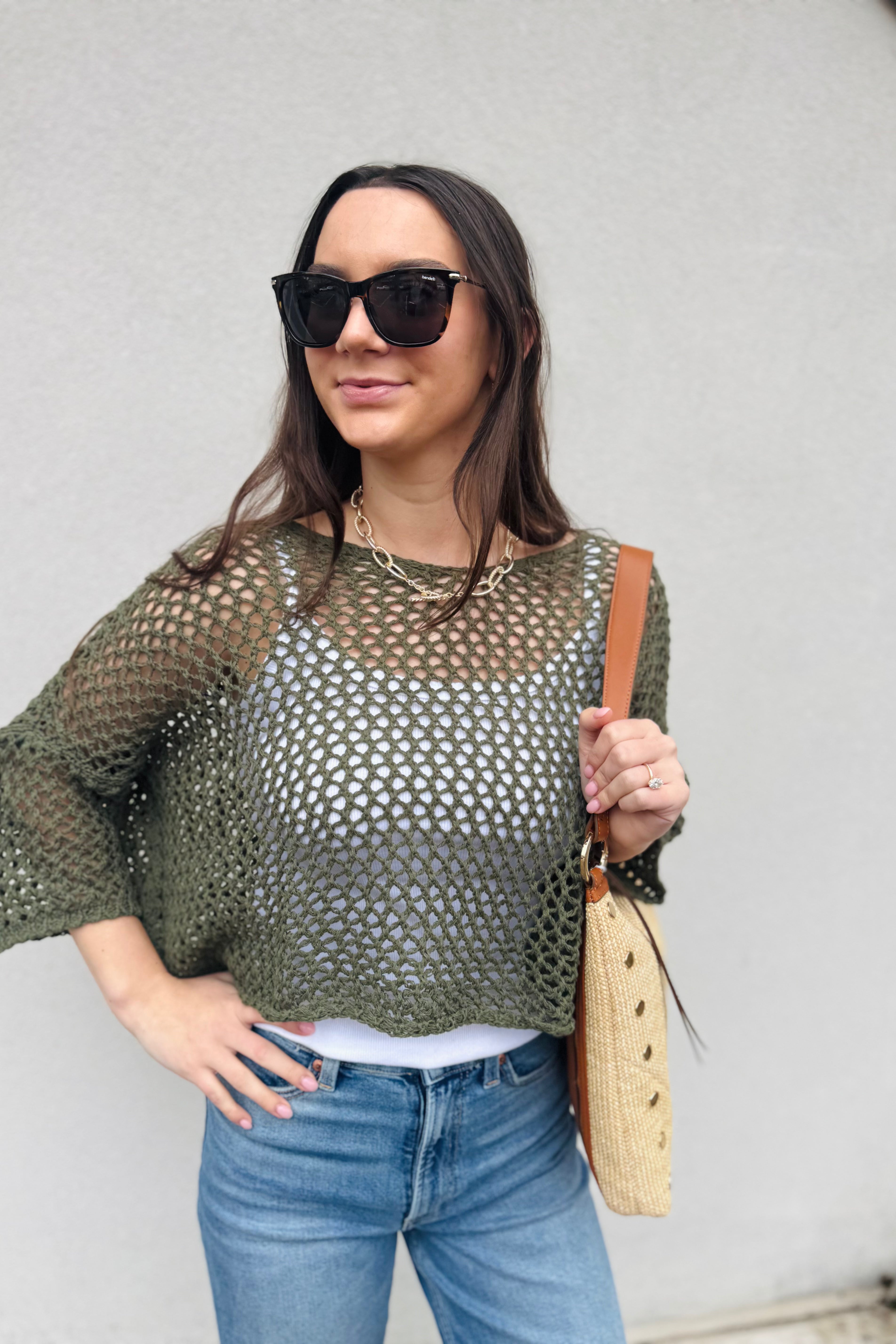 Drop Shoulder Crochet V-Neck
