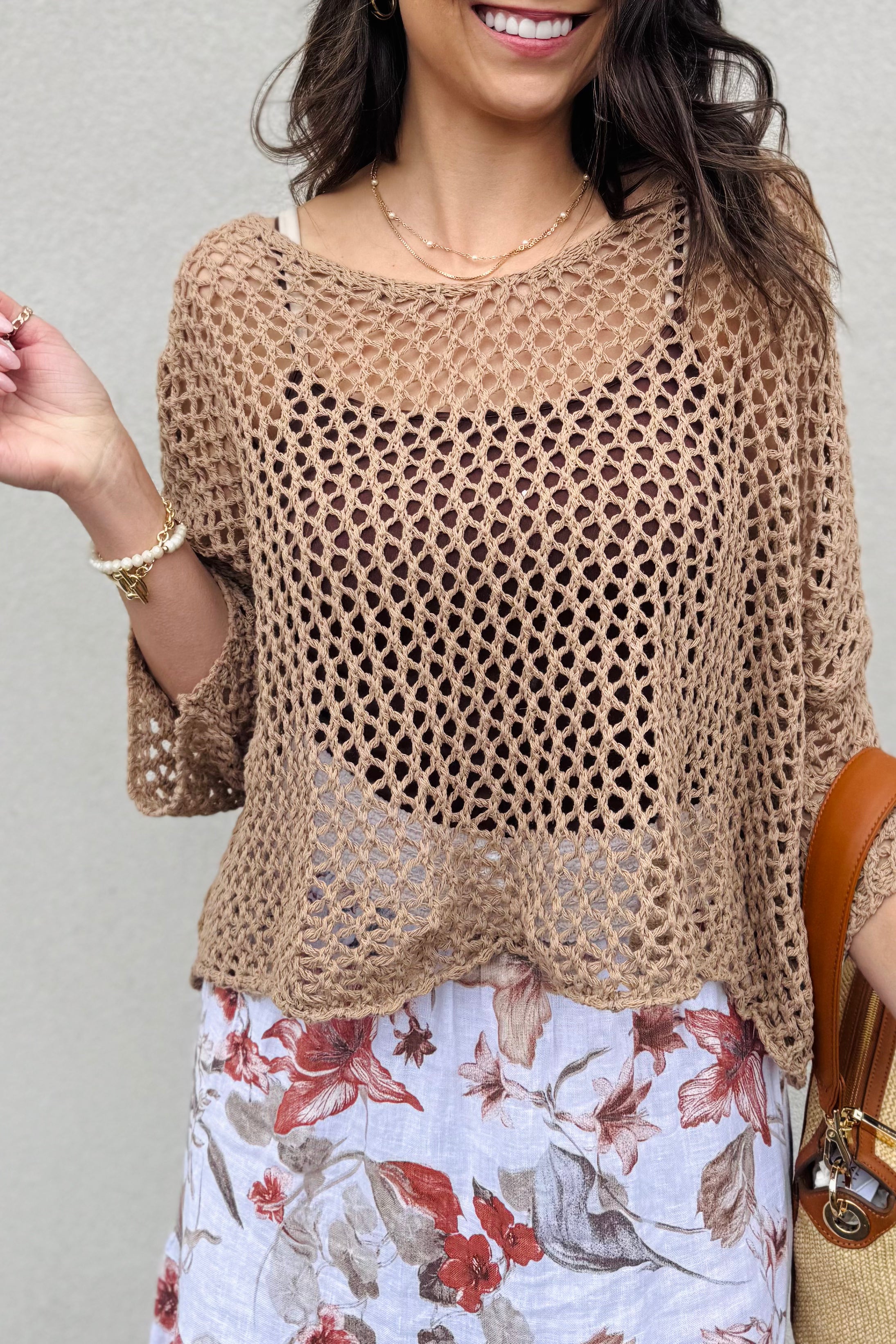 Drop Shoulder Crochet V-Neck