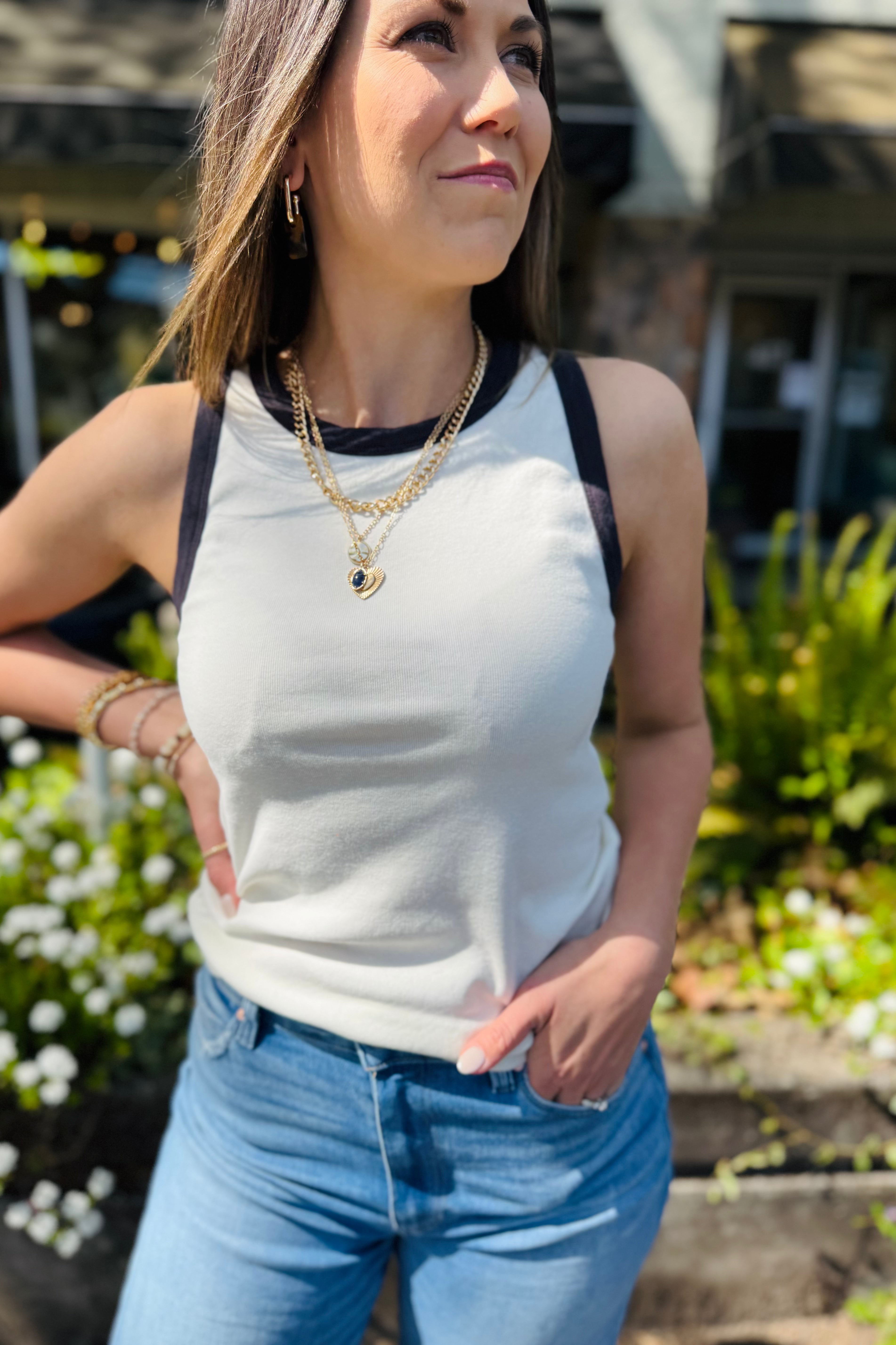 Contrast Rib Tank-White