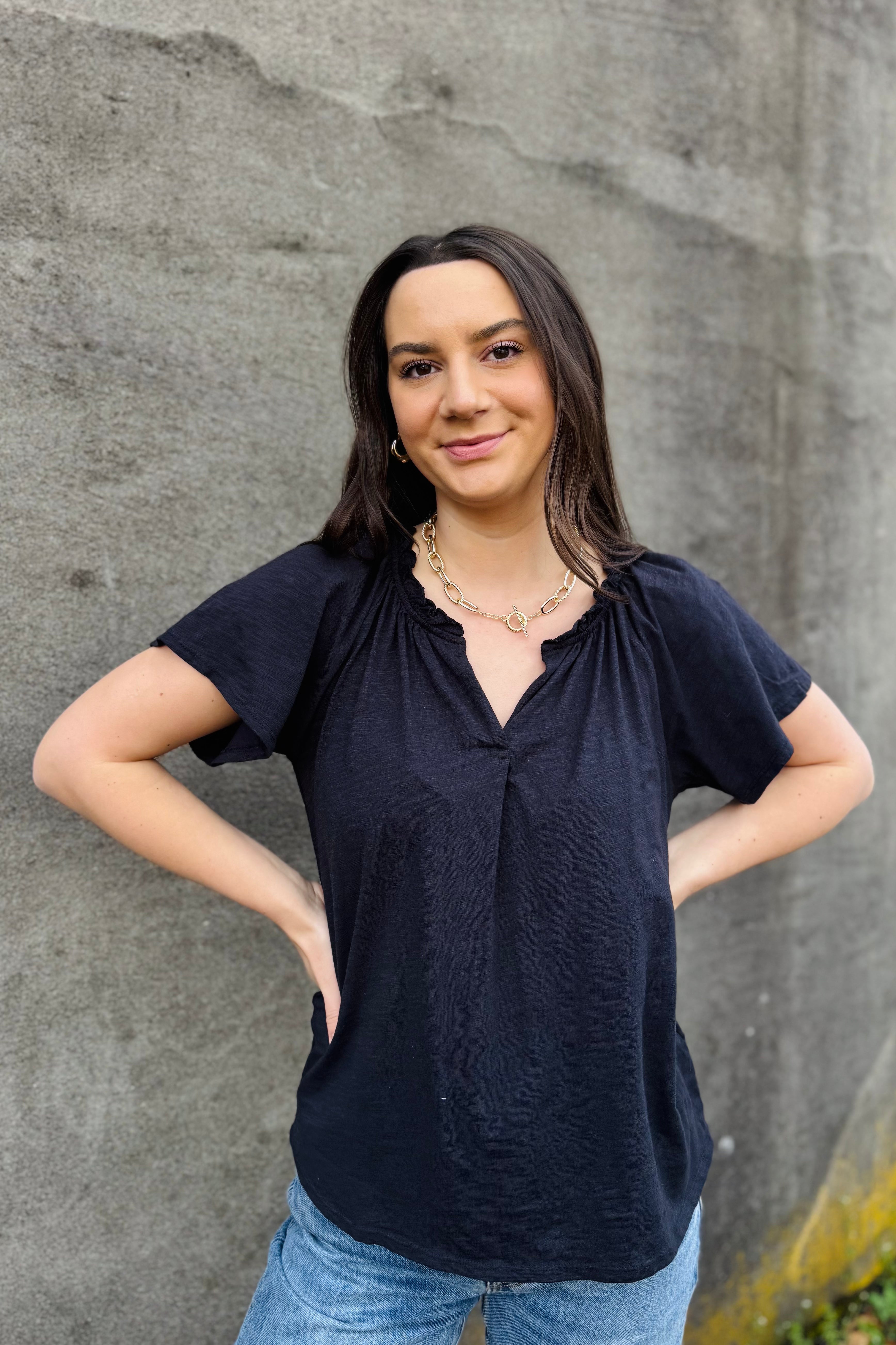 A great closet staple and basic black top but elevated. The ruffle detail collar and v neck add the perfect touch to spice up your everyday look. Throw on your favorite denim and you are good to go!