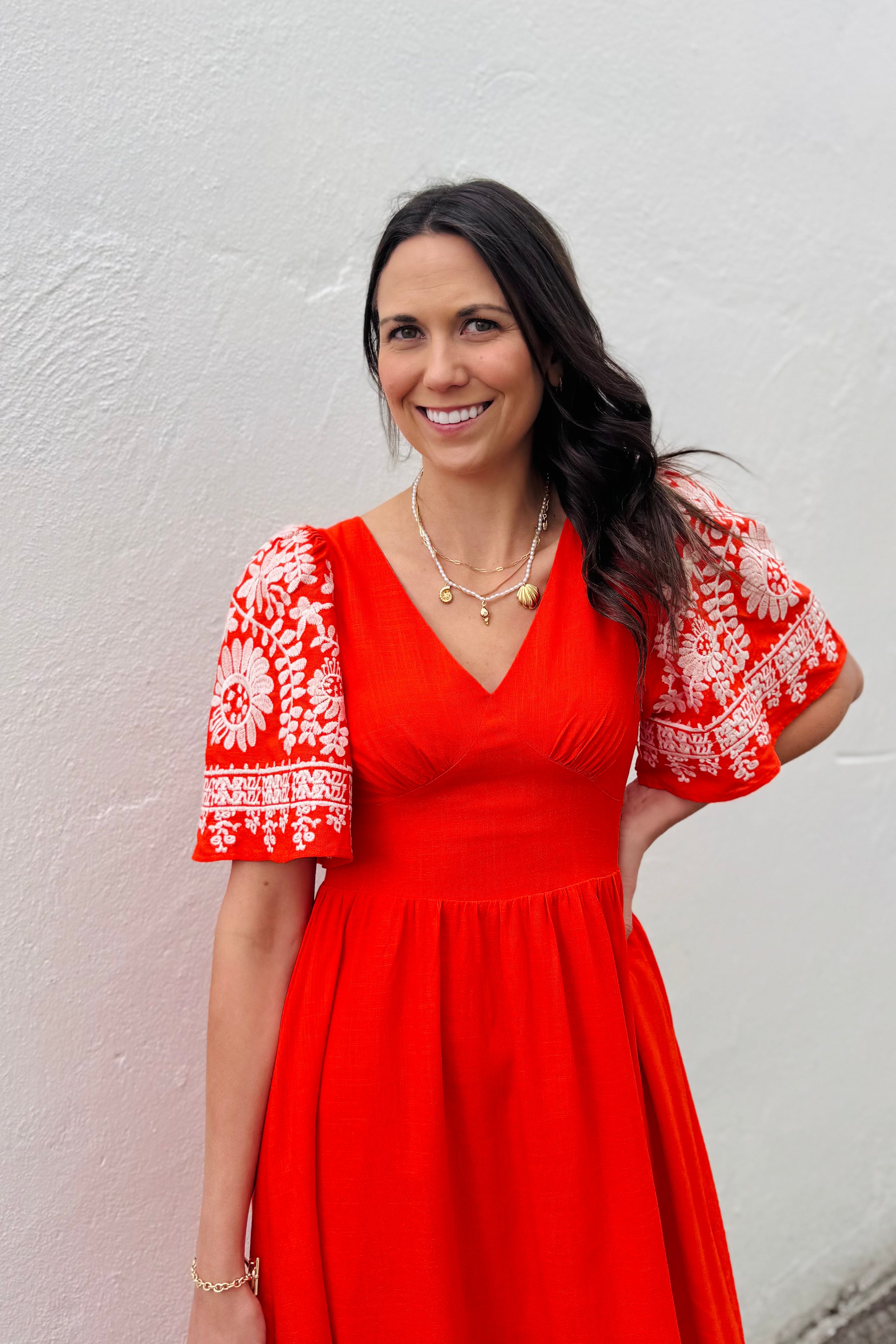 Embroidered Flutter Sleeve Dress