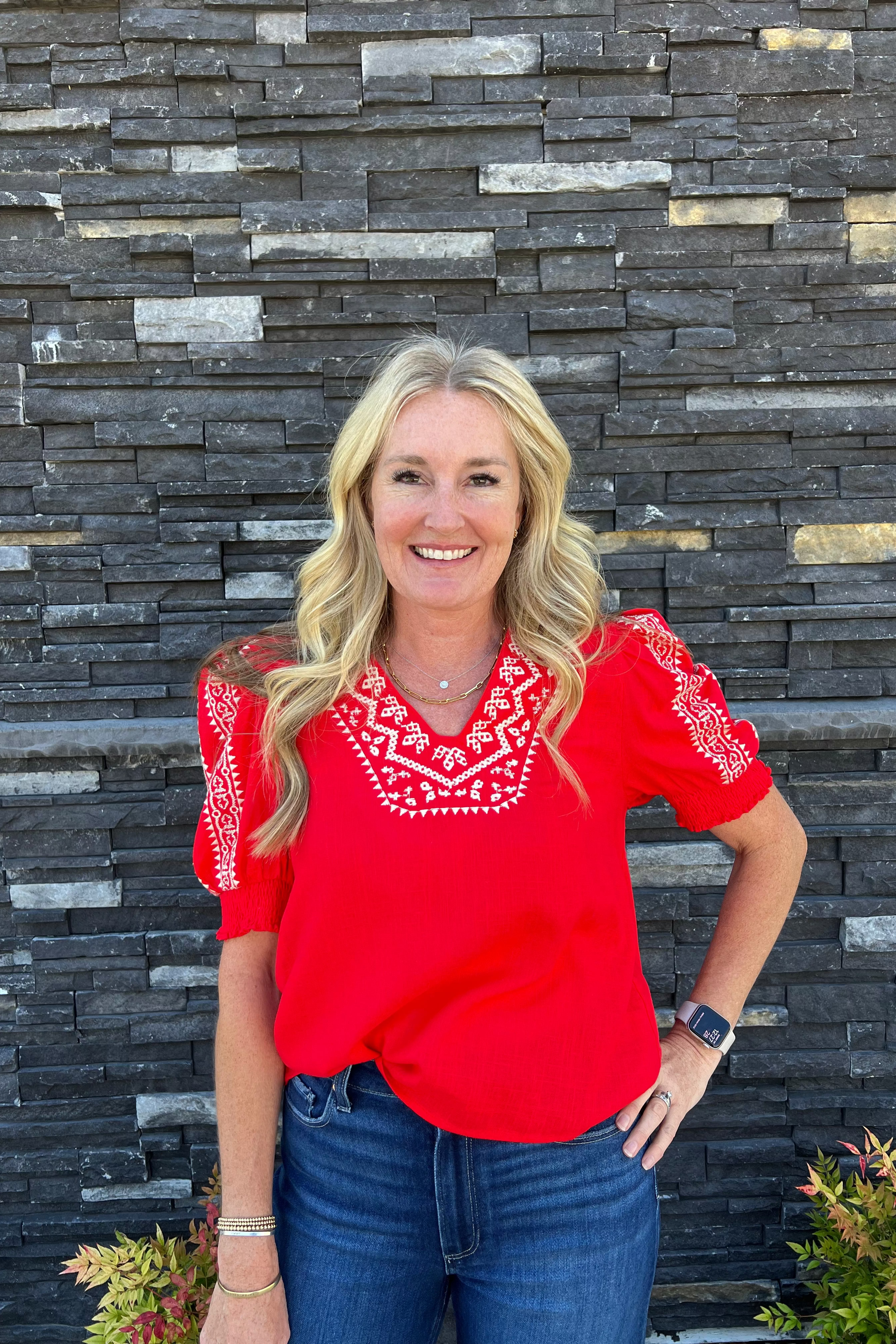 Embroidered Smocked Sleeve Top