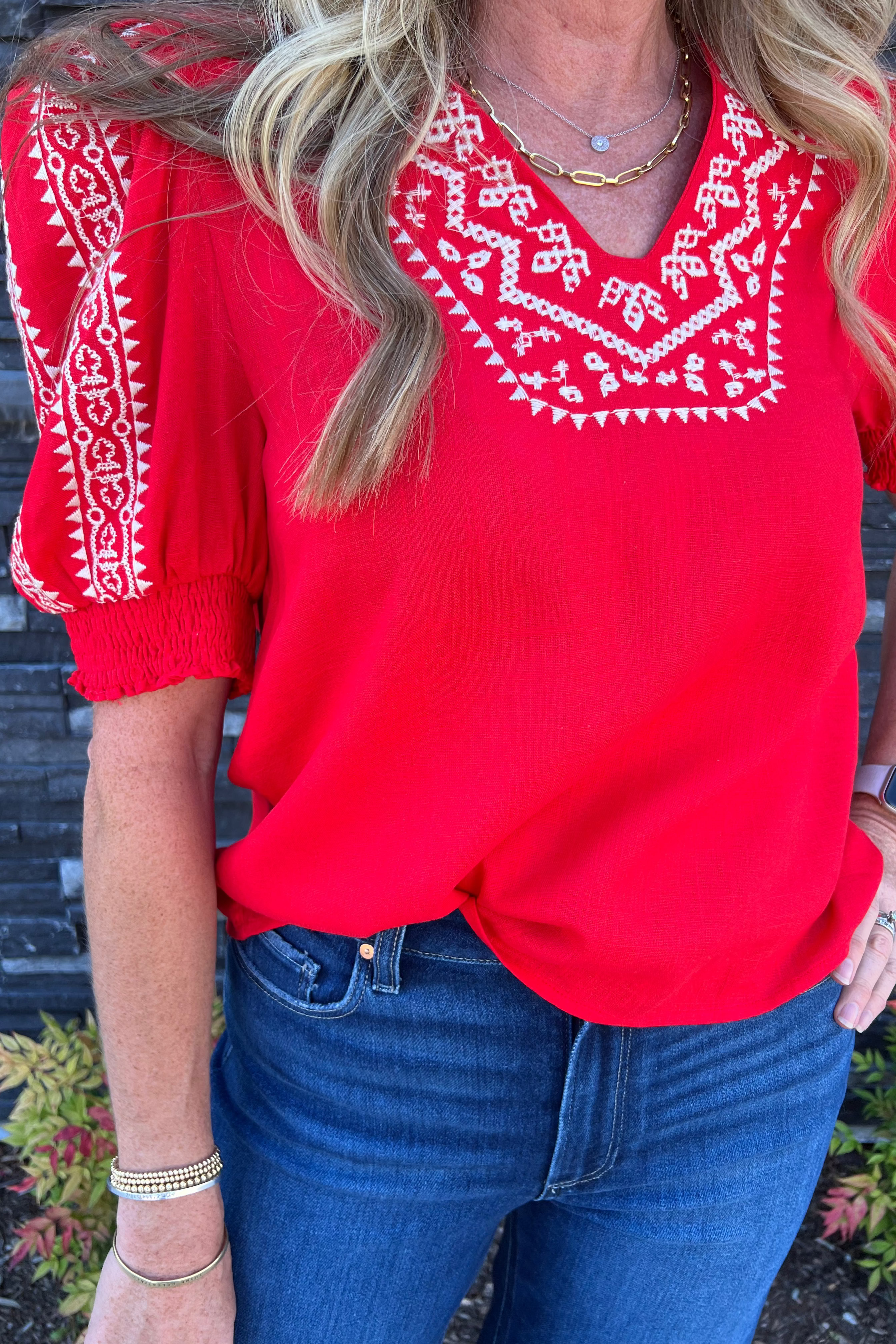 Embroidered Smocked Sleeve Top