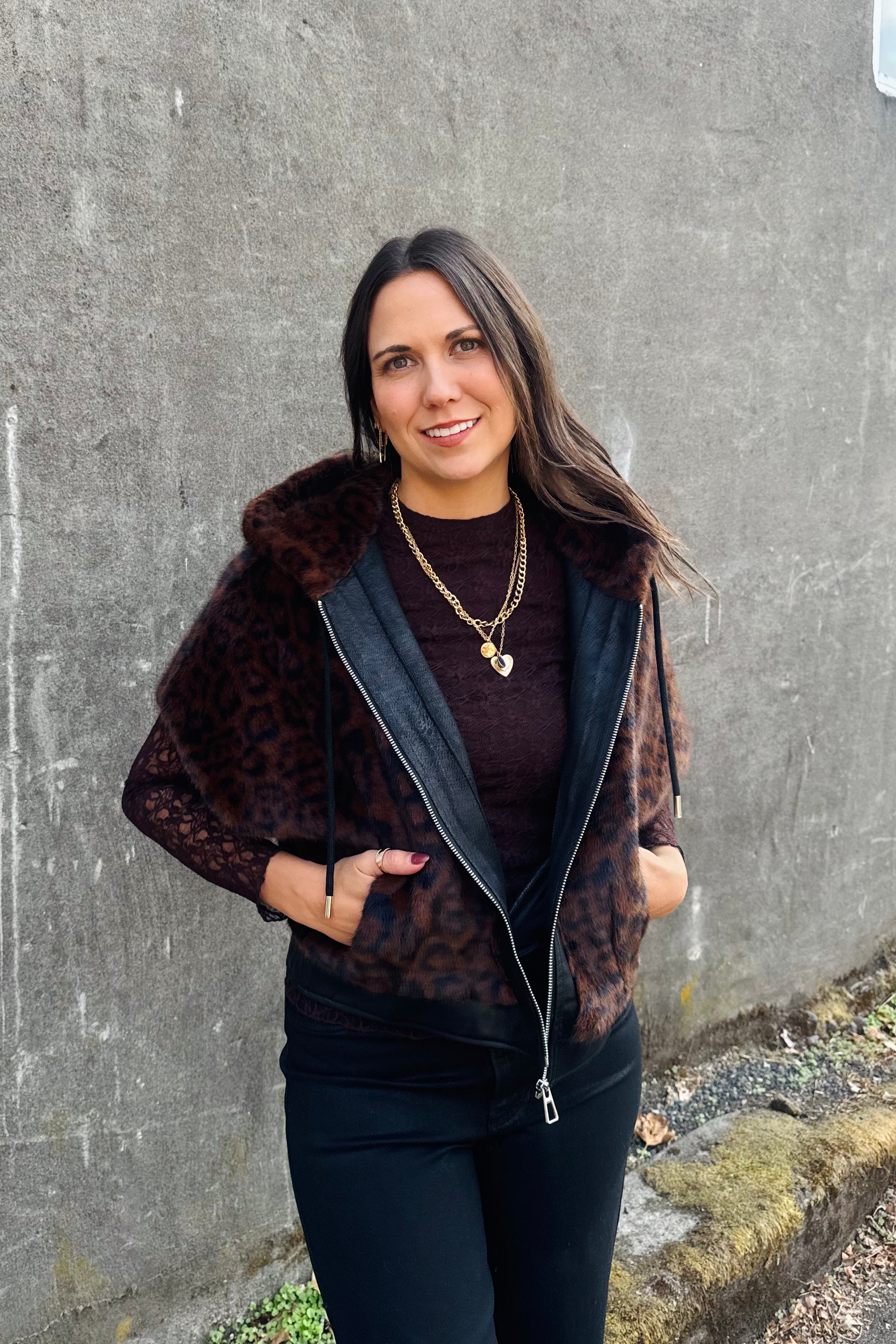 Faux Fur Vegan Leather Trim Hoody Vest Faux