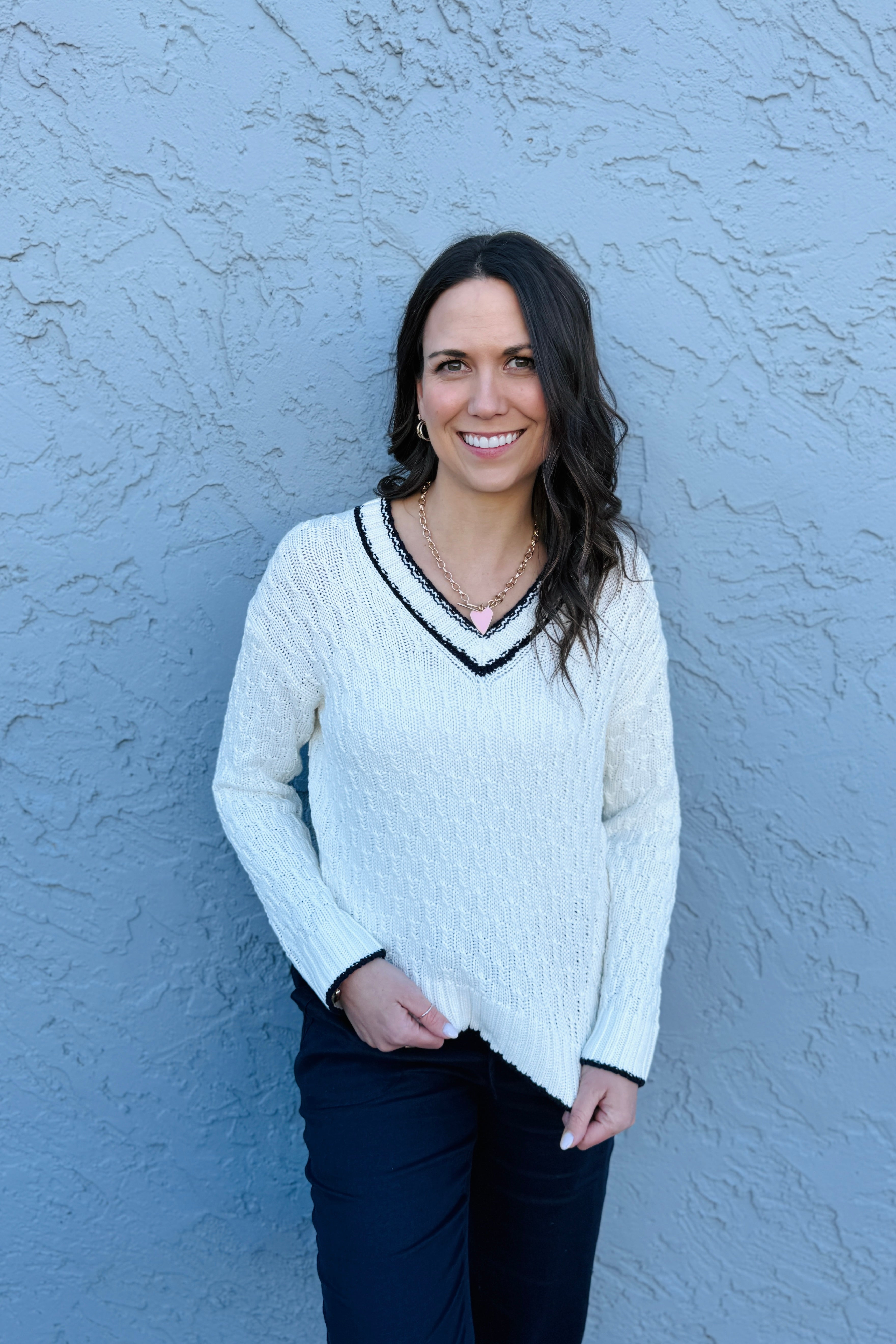 A perfect cream sweater with just a hint of navy. Girls trip to the beach this spring? Camas and Ridgefield customers love this coastal vibe!! Pair it with a navy trouser or a denim and your good to go!