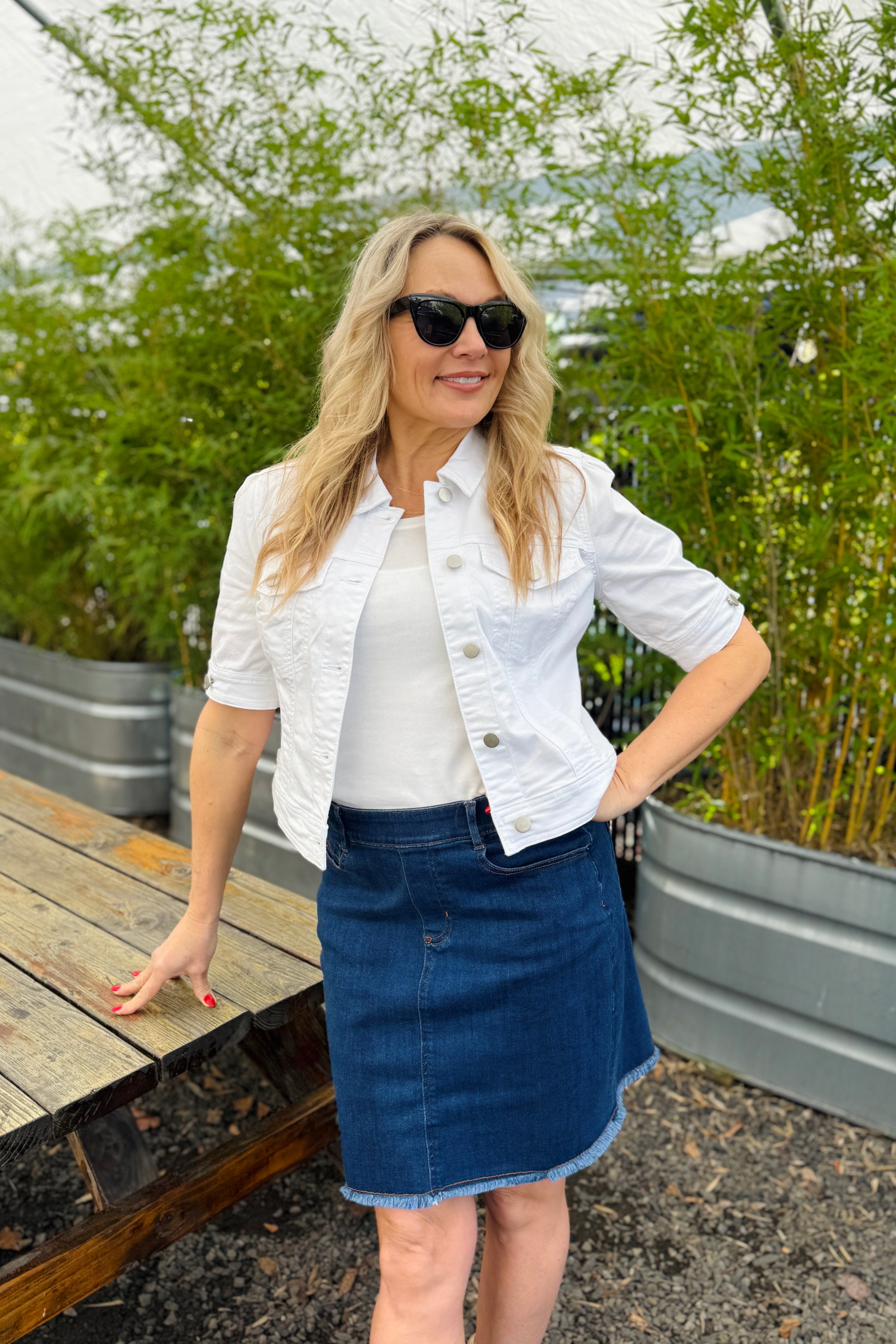 Elbow Sleeve Denim Jacket-White