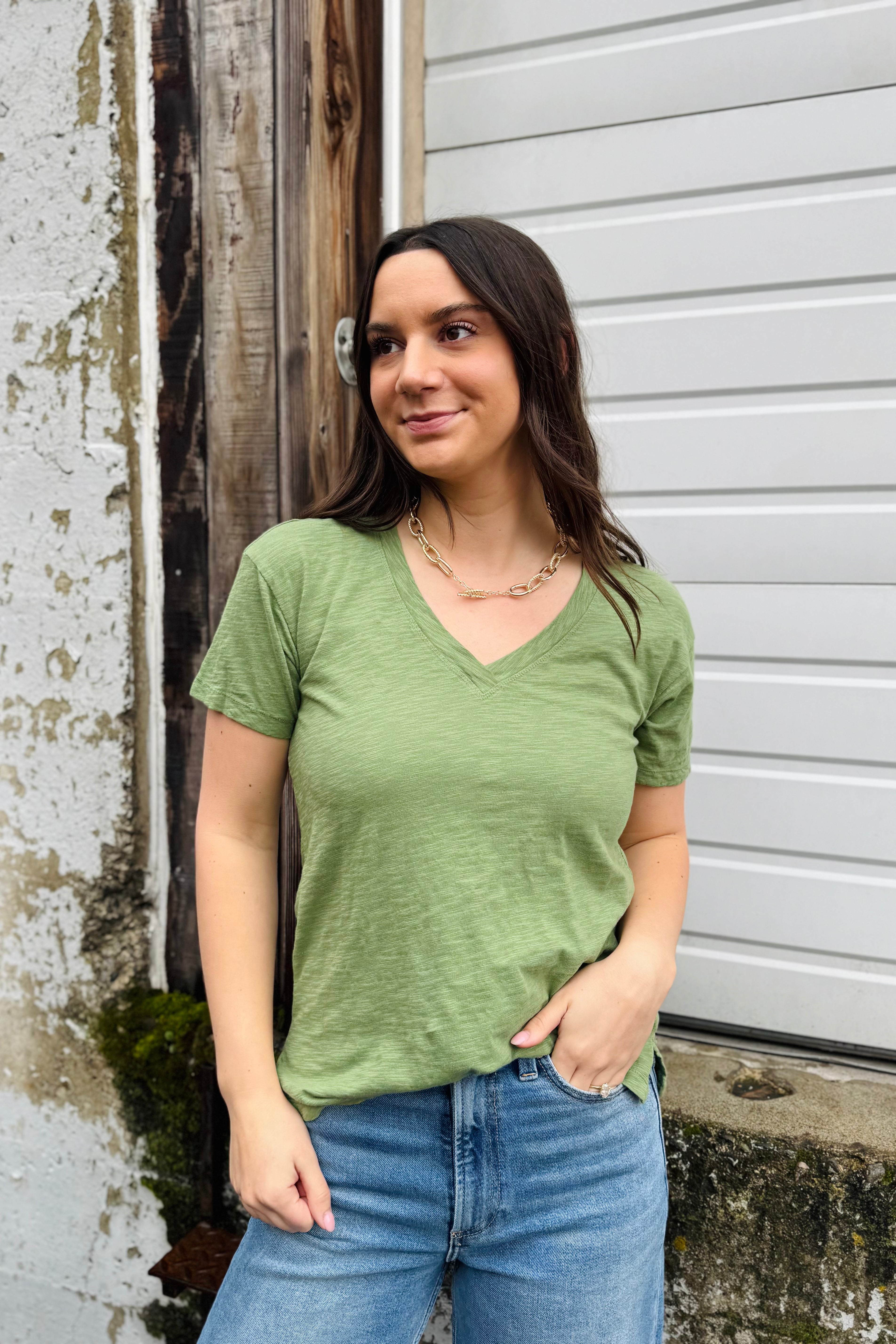 S/S Boxy V-Neck Tee-Hazel