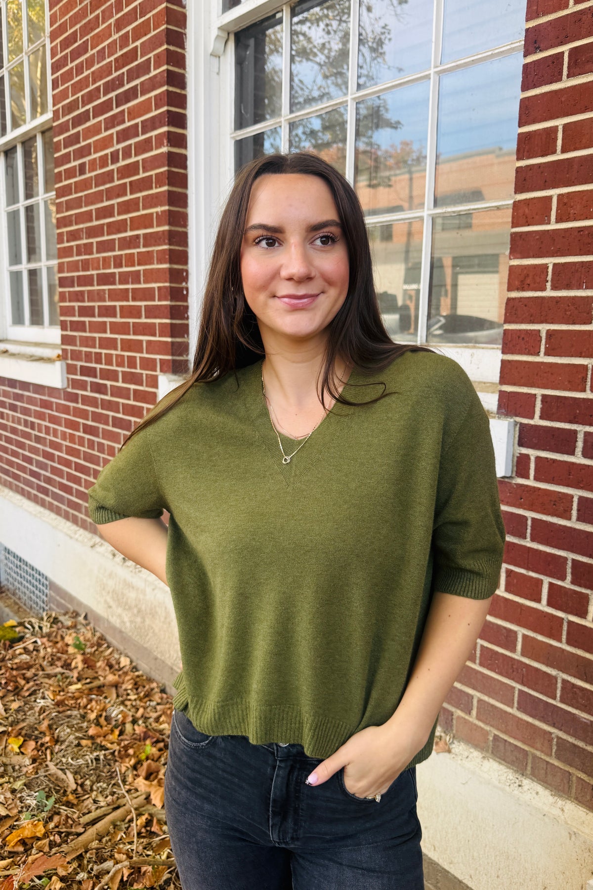 Italian V-Neck Light Sweater Top - Italian Olive