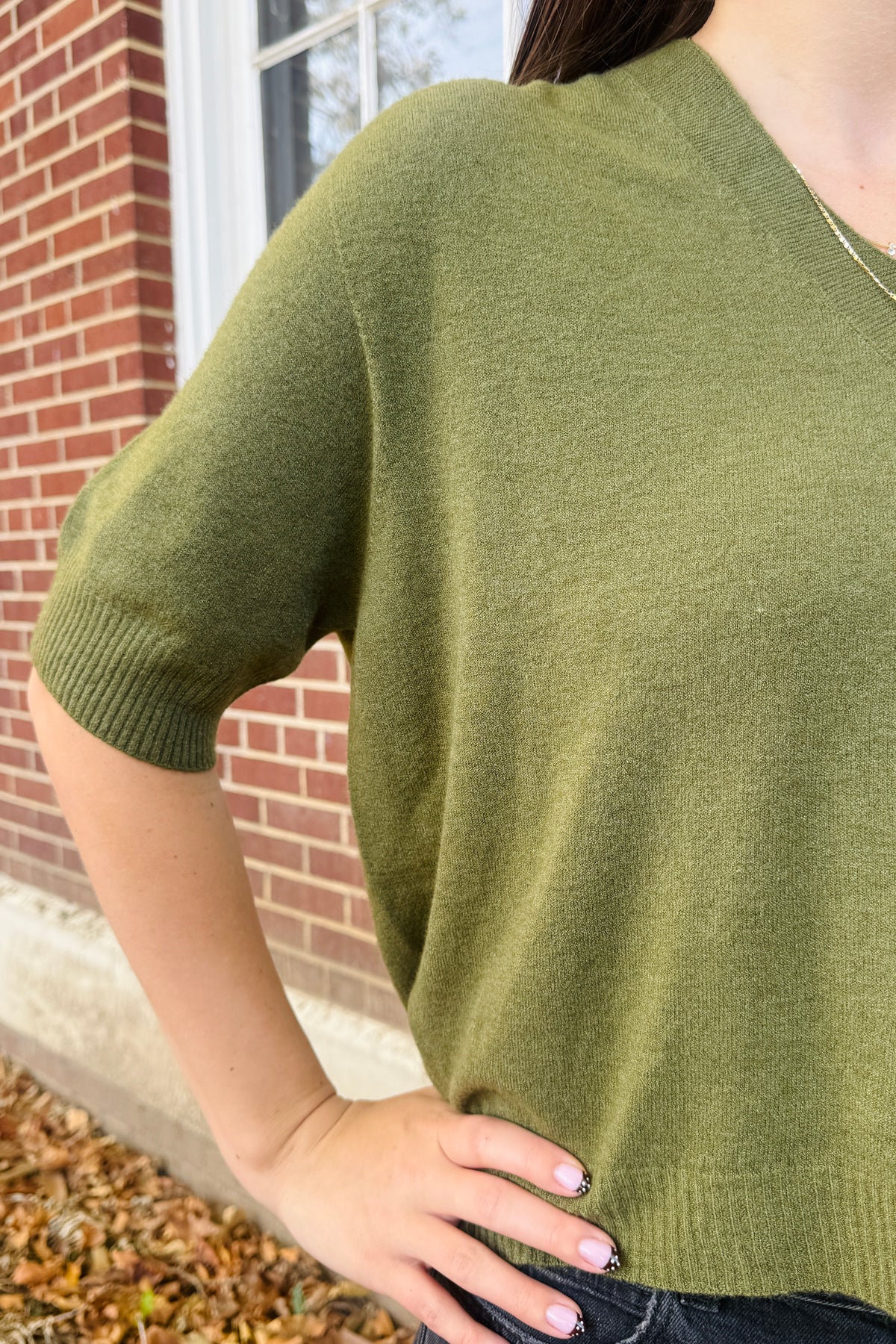 Italian V-Neck Light Sweater Top - Italian Olive