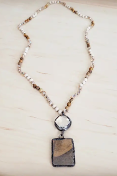 Long jasper and crystal beaded necklace