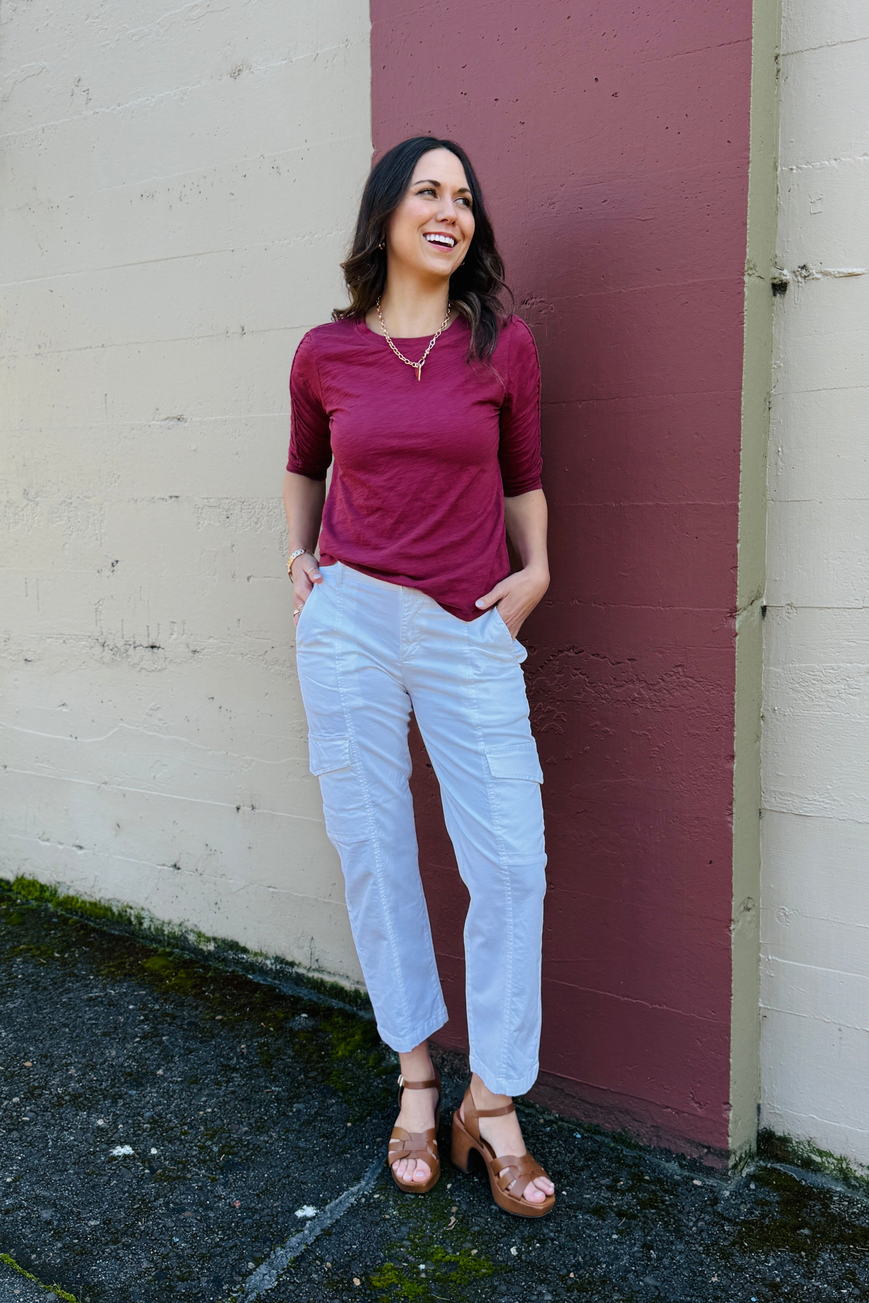 The color on this one is perfection. The most perfect pop of color to add to any outfit. The ruching adds the perfect feminine detail and a fun layering piece.