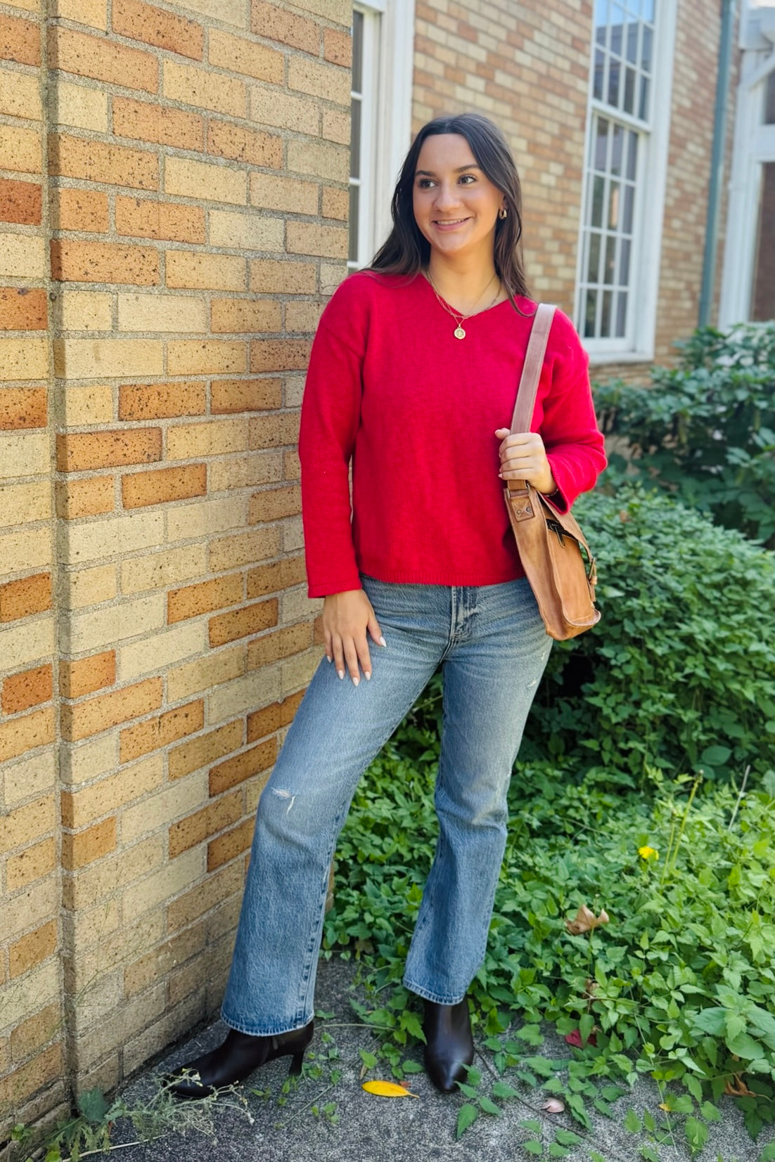 L/S Crop V-Neck Slub Sweater