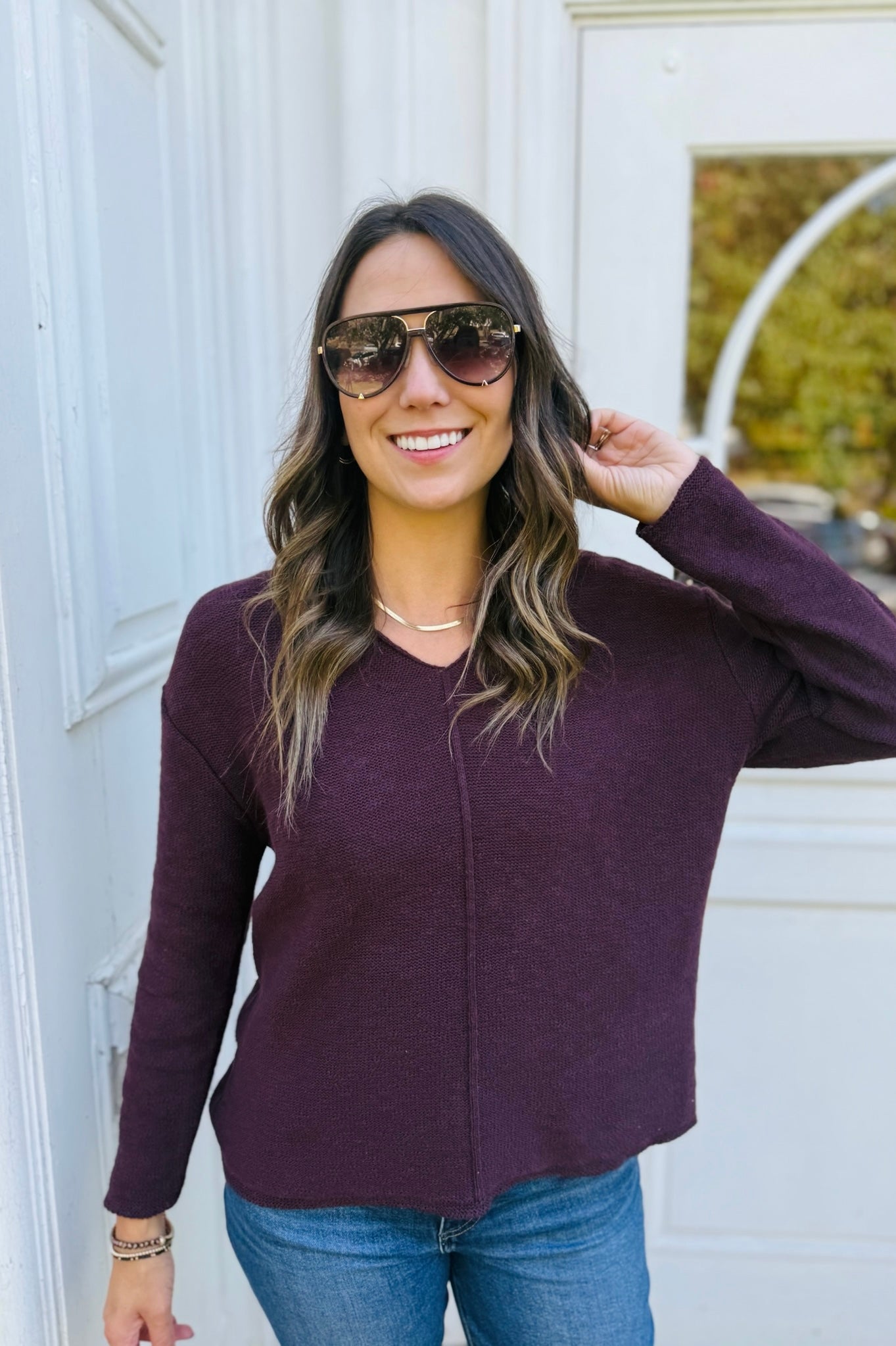 L/S V-Neck Hoodie-Wine