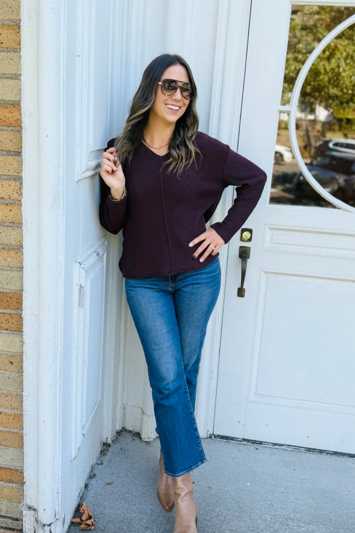 L/S V-Neck Hoodie-Wine