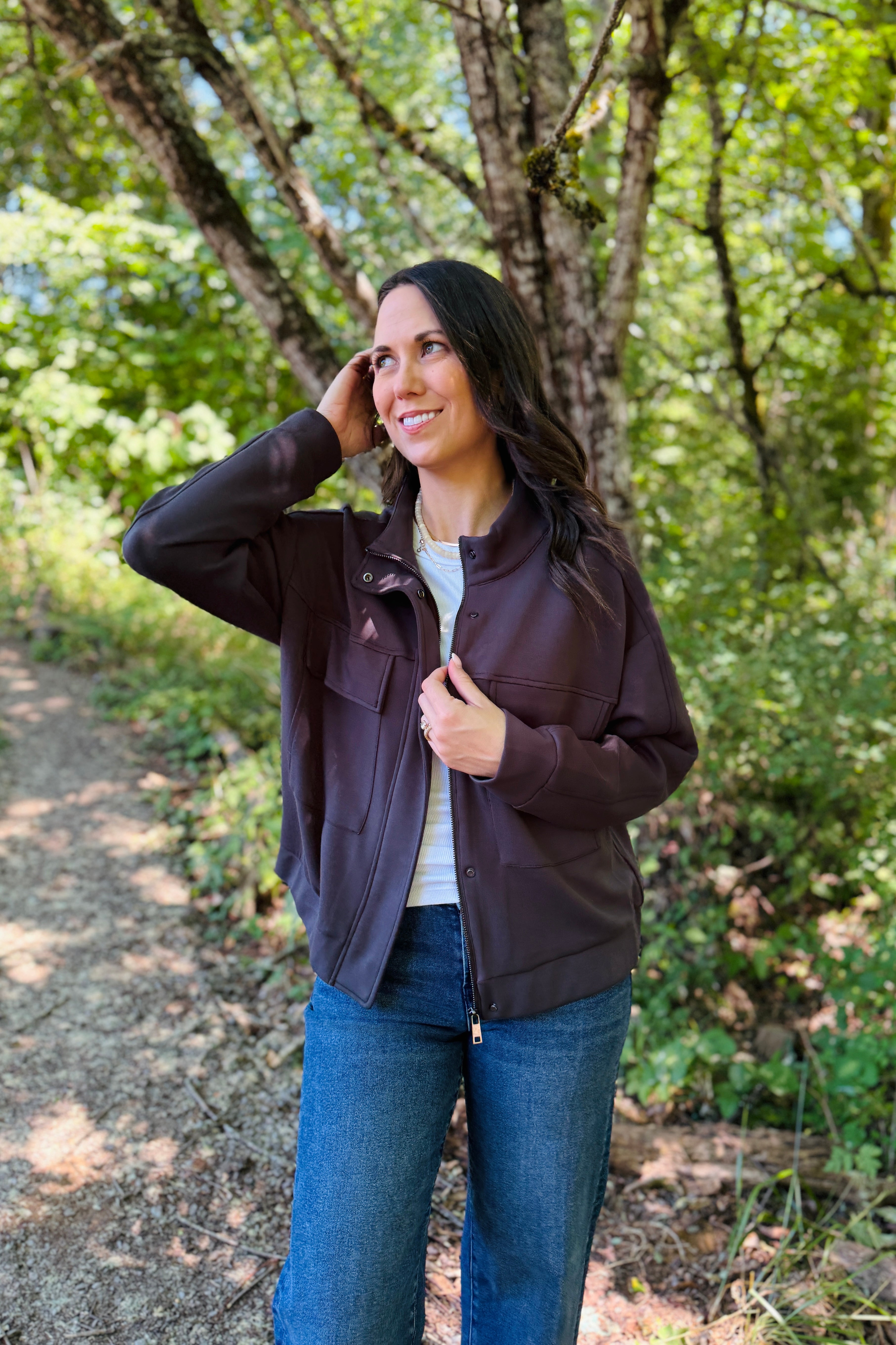 Wear it as is or snag the matching pant to wear as a set. A light weight layer perfect for travel or a casual day running errands.