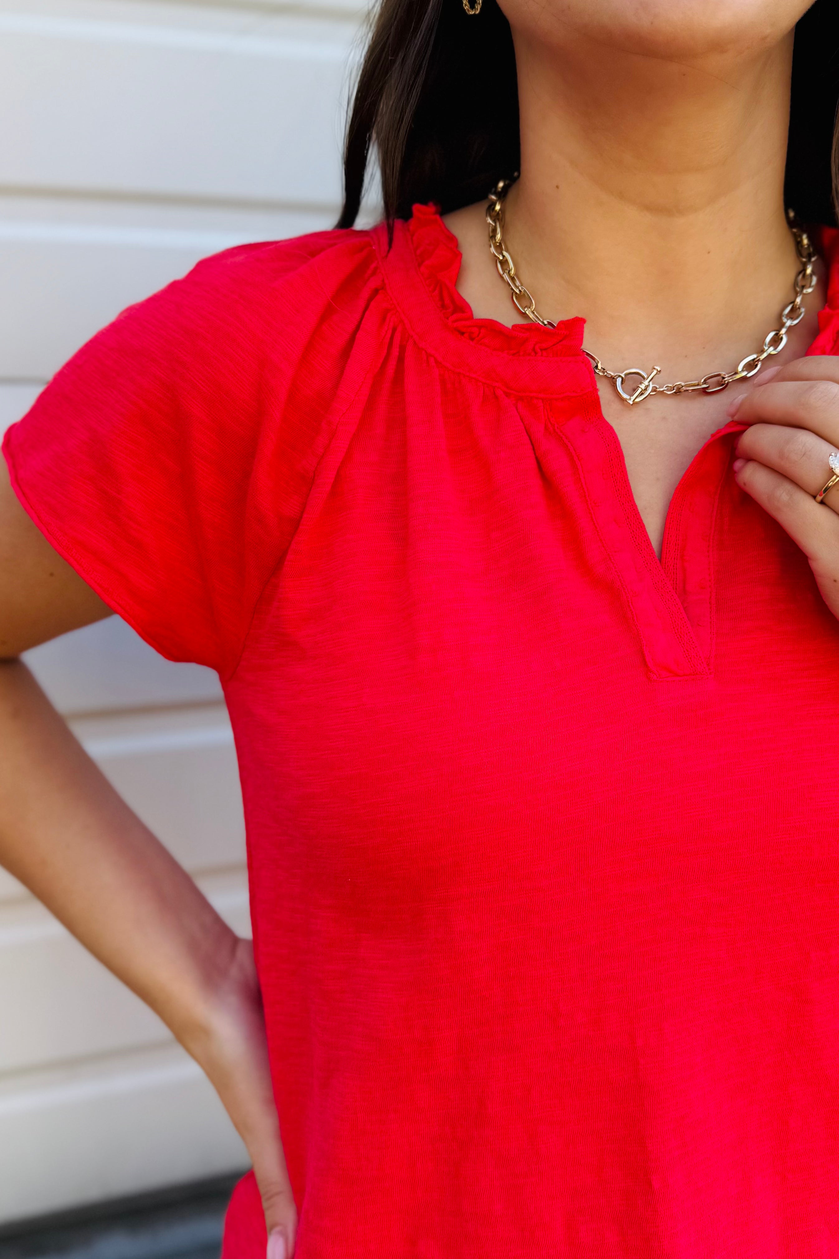 S/S Ruffle Henley Swing Top