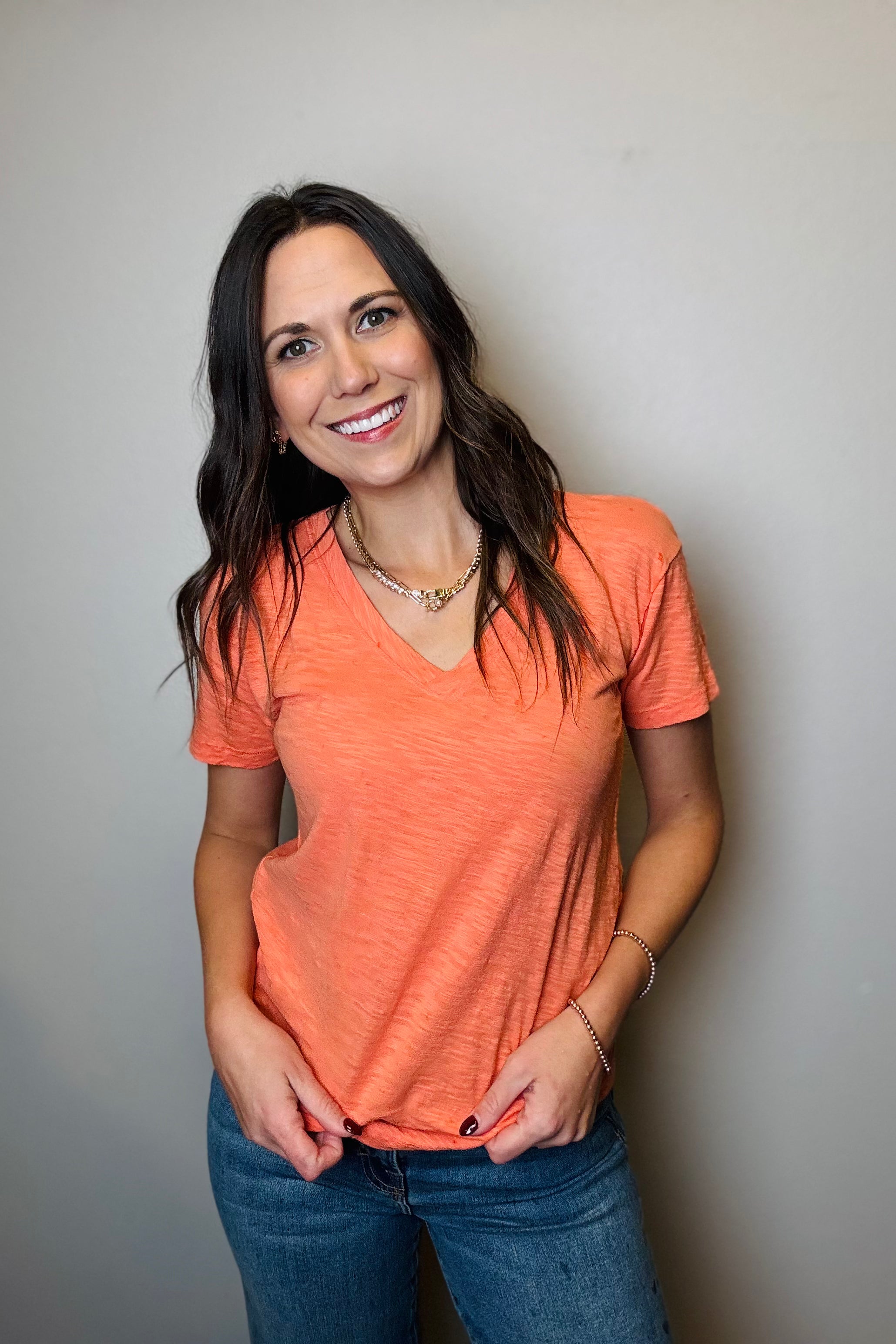 S/S Boxy V-Neck Tee-Tiger Lily