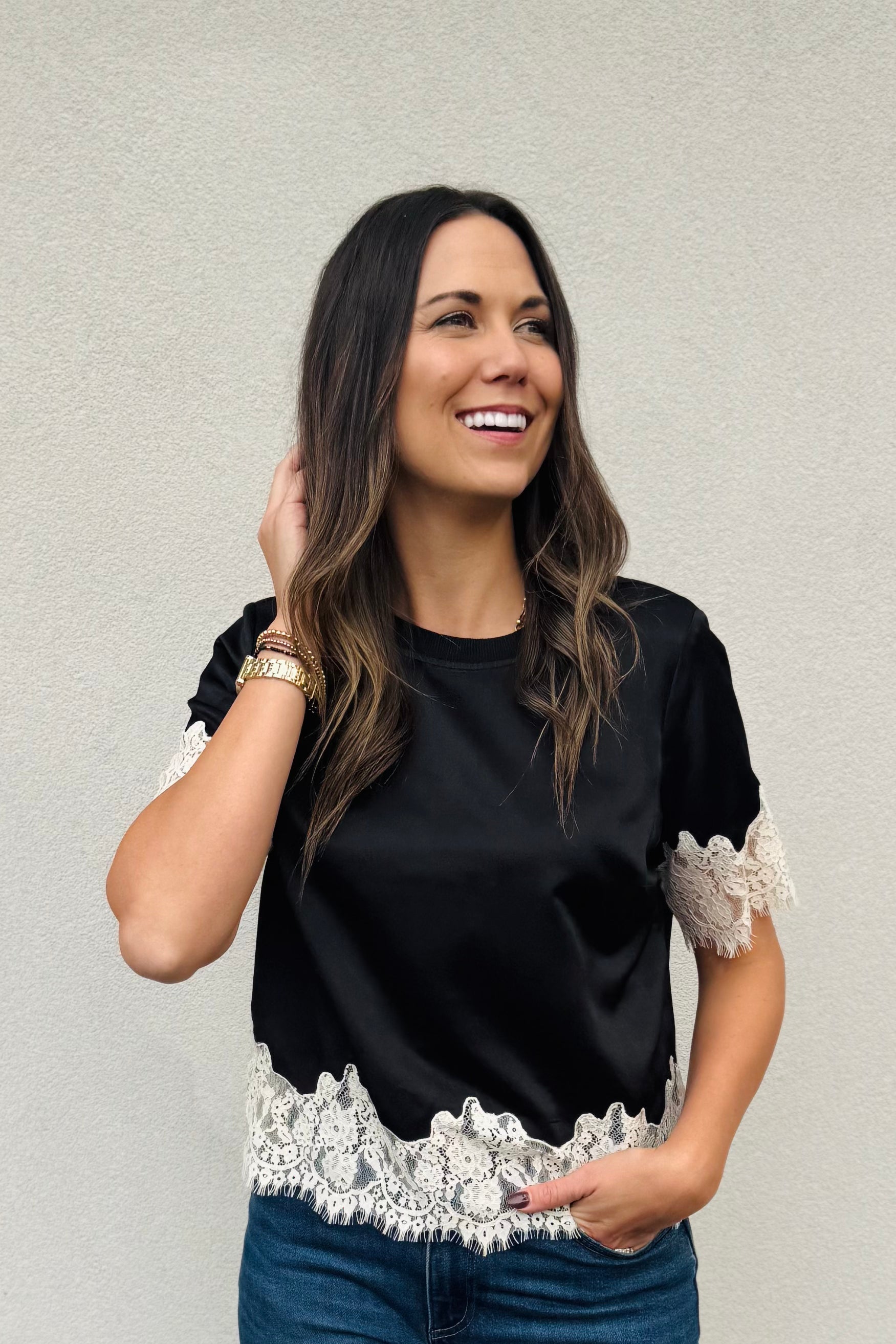 One of a Kind Satin Lace Top