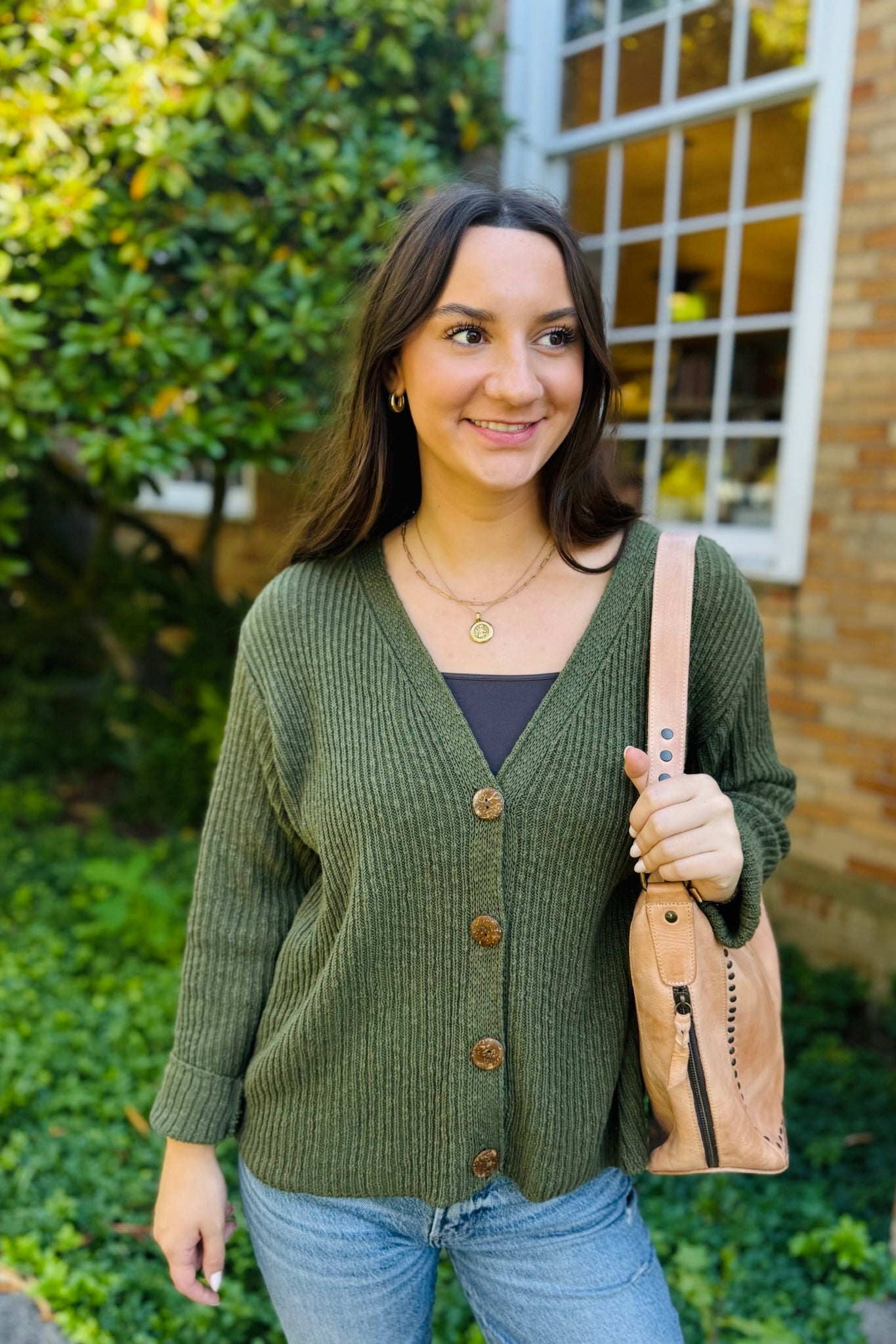 Ribbed 4 Button Cardigan-Olive
