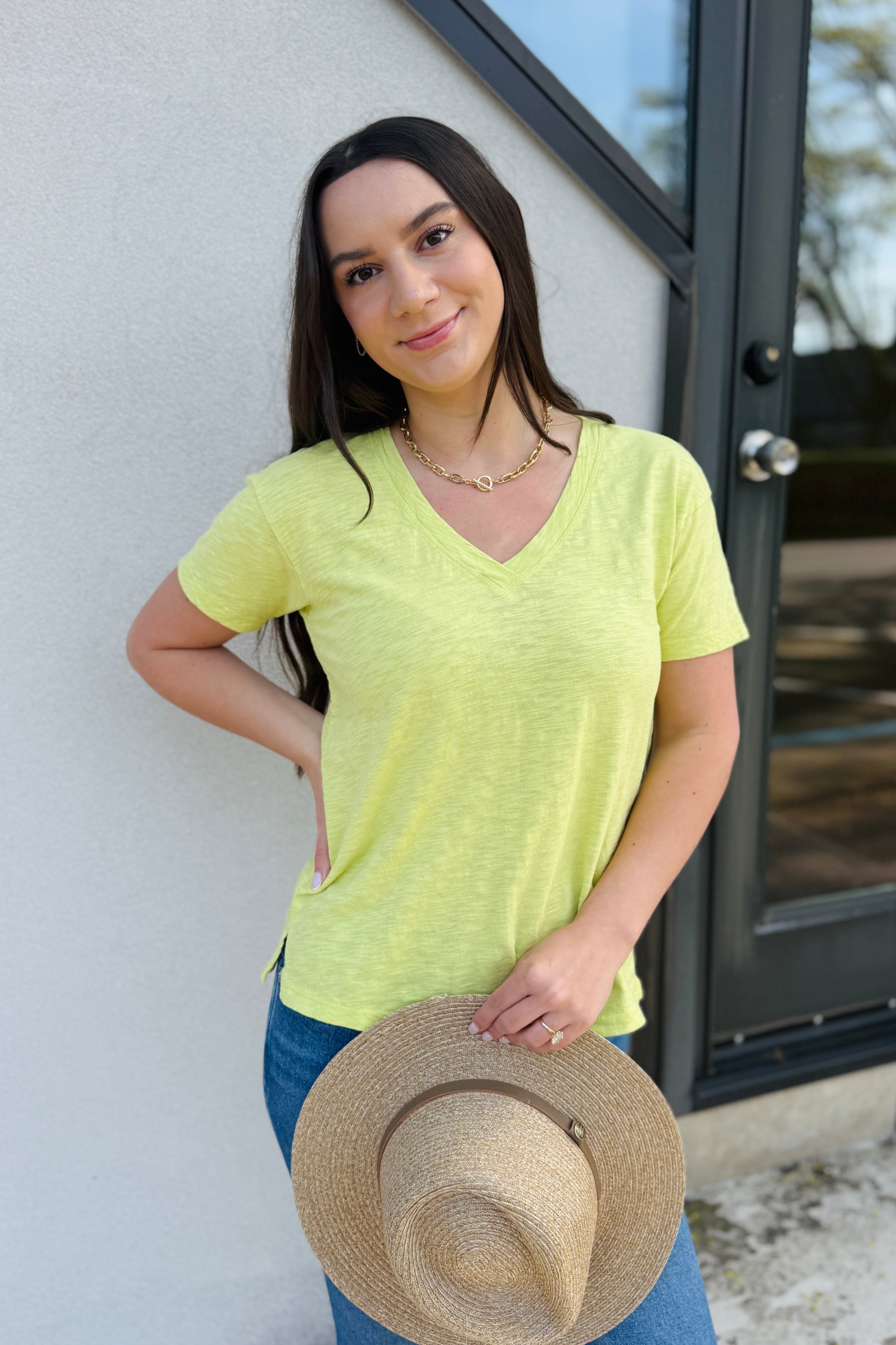 S/S Boxy V-Neck Tee-Lush Pear