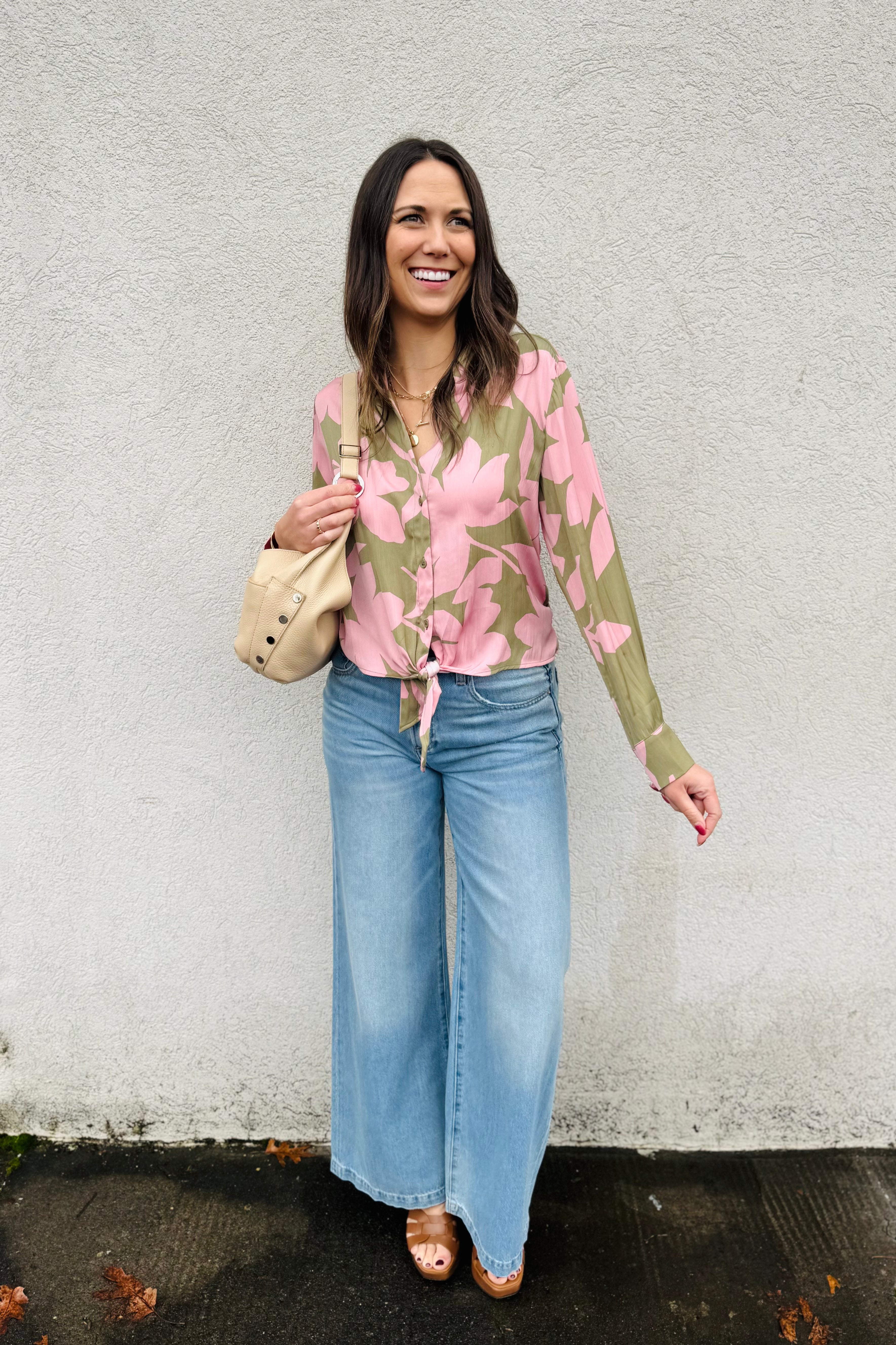 This is the perfect blouse for a date night, Holiday or Vacations! Love this green and Pink Combo with with button down front and tie! So many outfit options