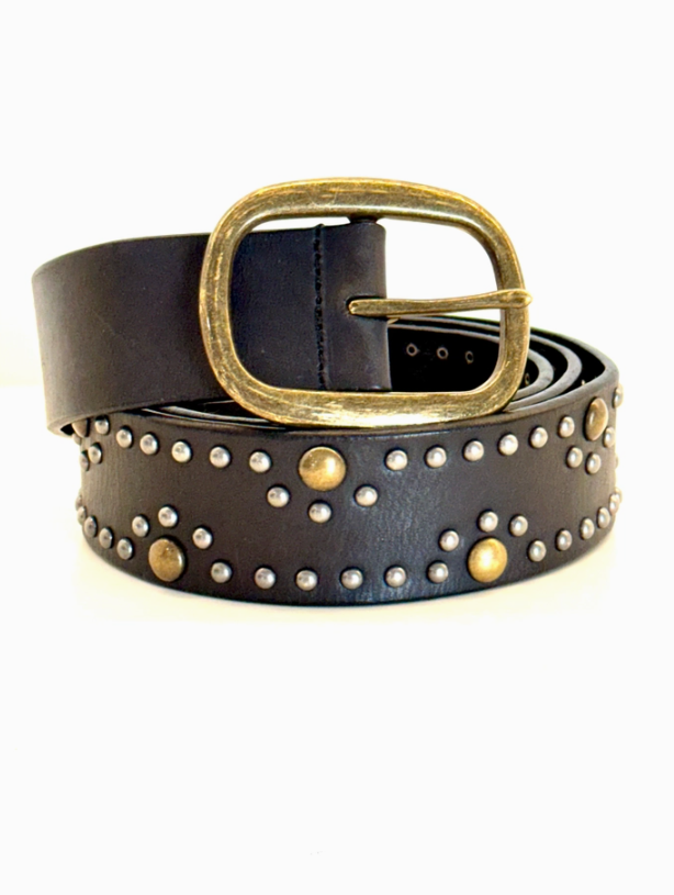 Leather Belt with Aged Brass And Silver Studs
