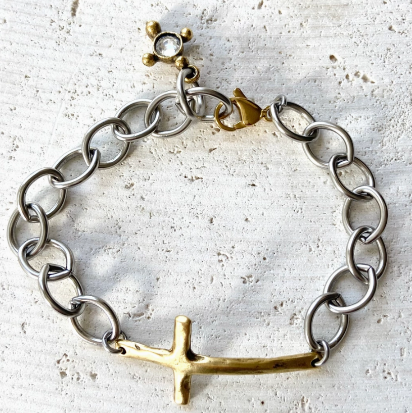 Mixed Metal Chunky Cross Bracelet