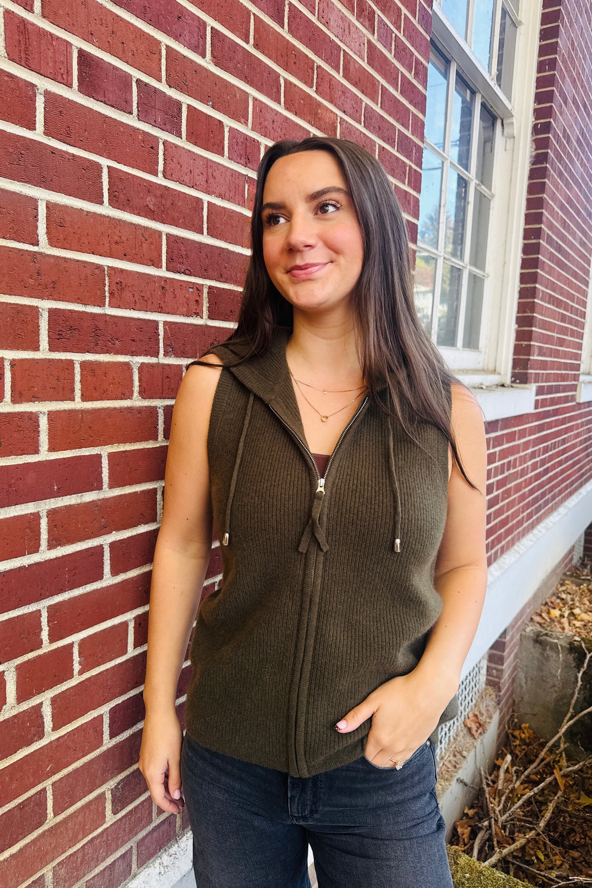 Sleeveless Zip Shaker Hoodie - Olive