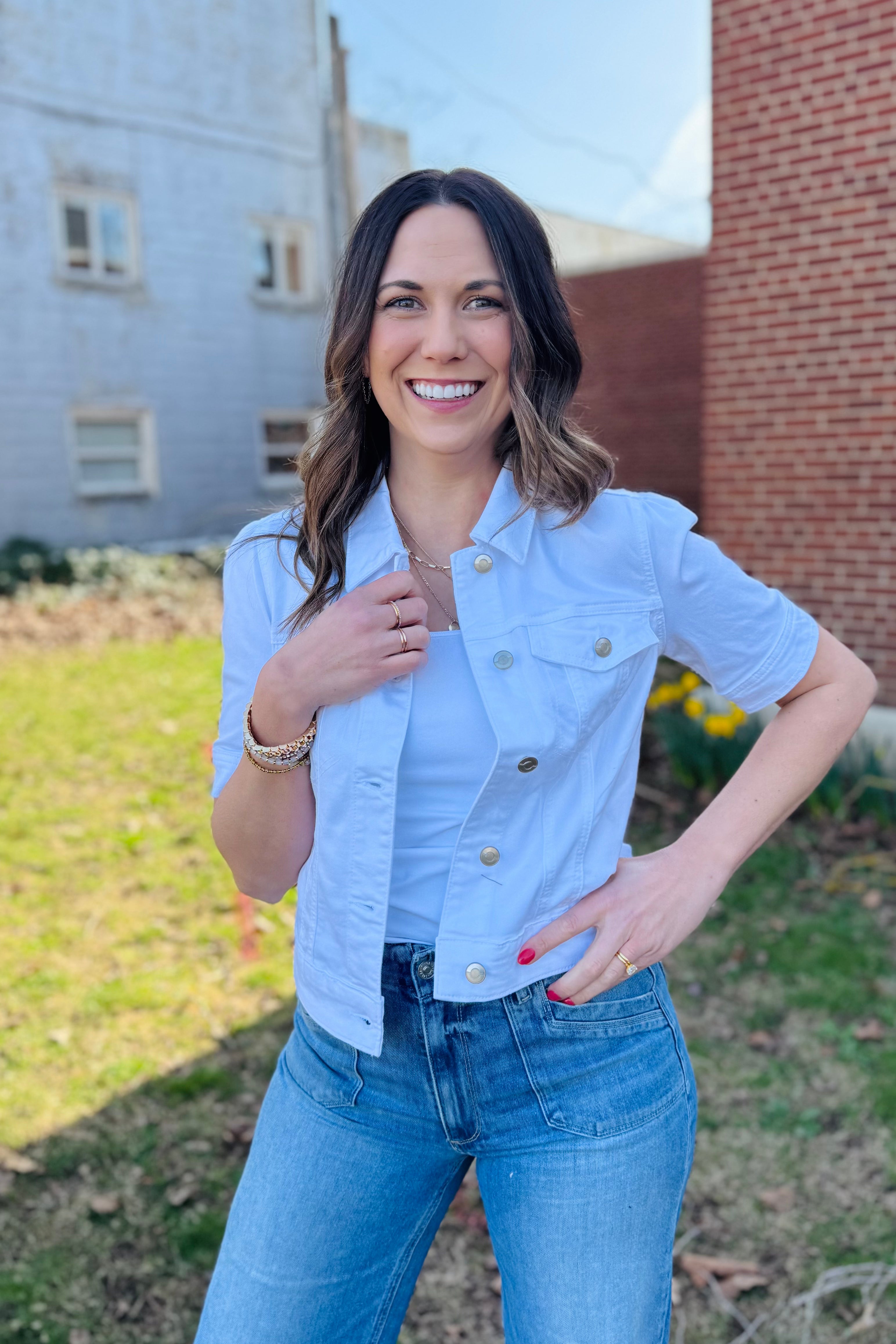 Elbow Sleeve Denim Jacket-White
