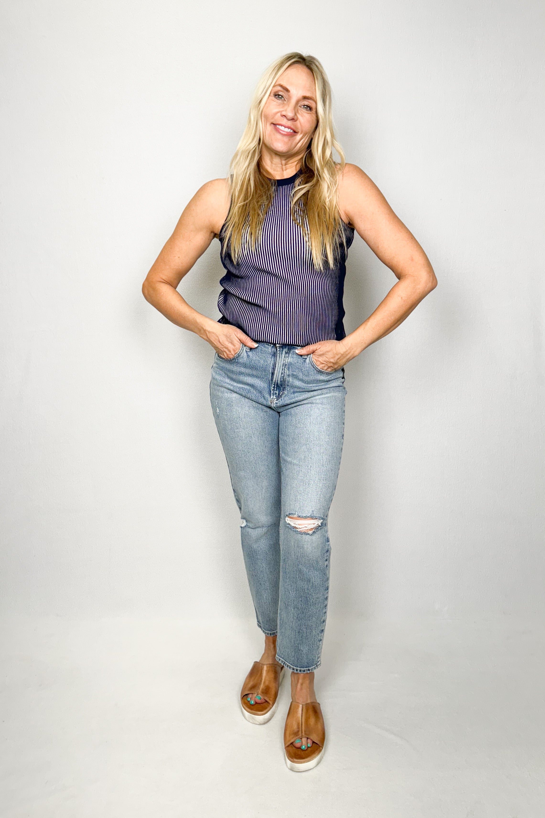 Two Toned Ribbed Tank Naval Blue
