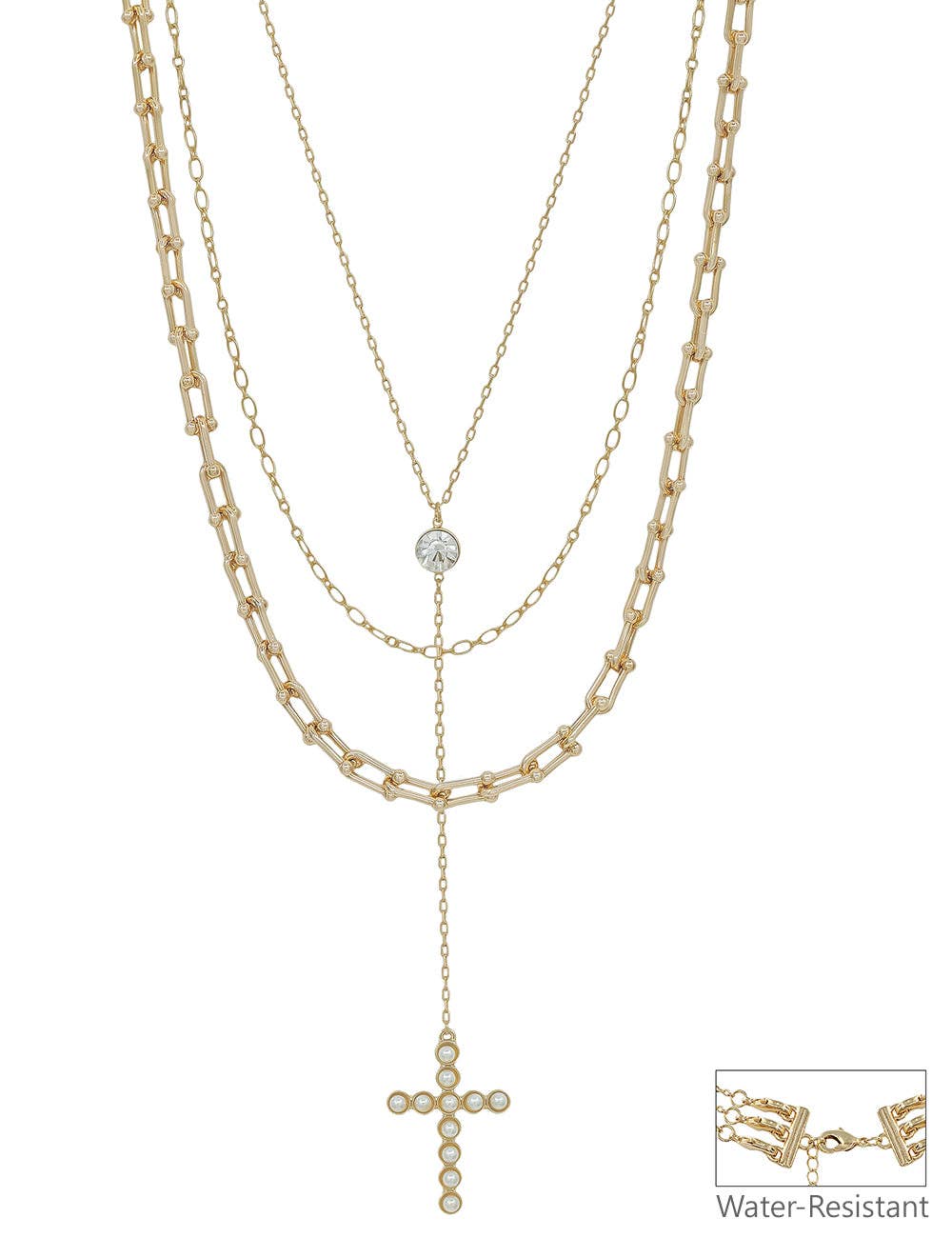 Layered Y Drop Pearl Bubble Cross Necklace