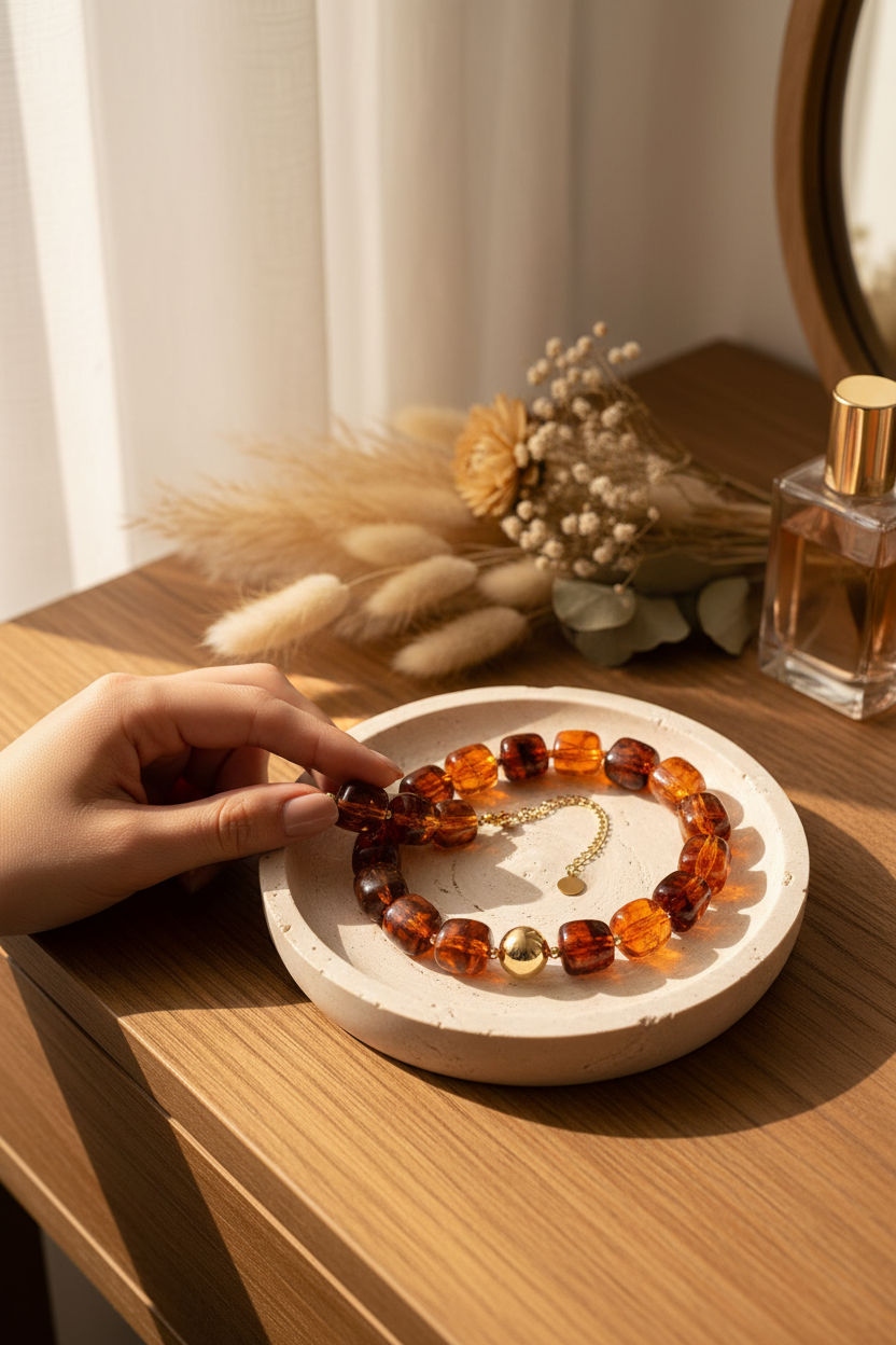 MKS America Acrylic Bead Necklace in Brown on a travertine jewelry dish, perfect for layering, everyday wear and gifting