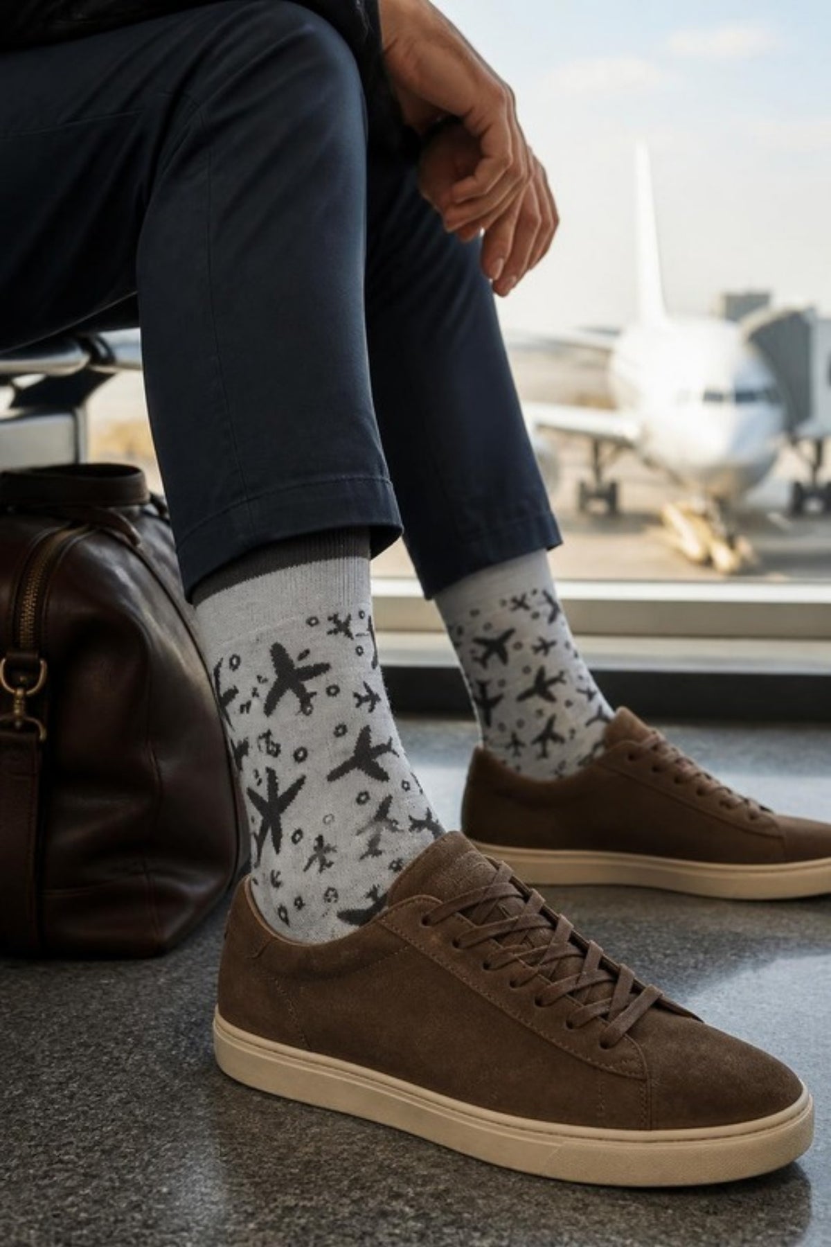 Johnston & Murphy Airplane Novelty Socks in Gray worn with chinos and suede sneakers at the airport gate, comfy Pima cotton socks for travel days, business trips and the frequent flyer who likes a fun detail