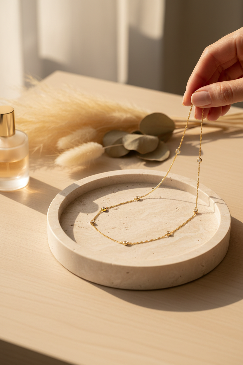Miranda Frye Amy Necklace draped on a travertine jewelry dish, perfect for layering, everyday wear and gifting
